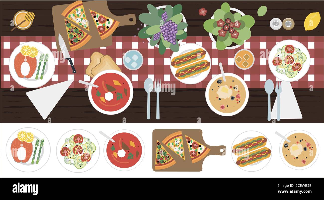 La vue du dessus sur la table avec dîner pour deux. Illustration vectorielle d'une table à manger avec soupe, hot dogs, salade, pizza, poisson, viande, jus et appareils électroménagers. Design plat pour un restaurant, un menu, une salle à manger intérieure ou un site de cuisine. Table en bois avec nappe, fleurs et service. Illustration de Vecteur