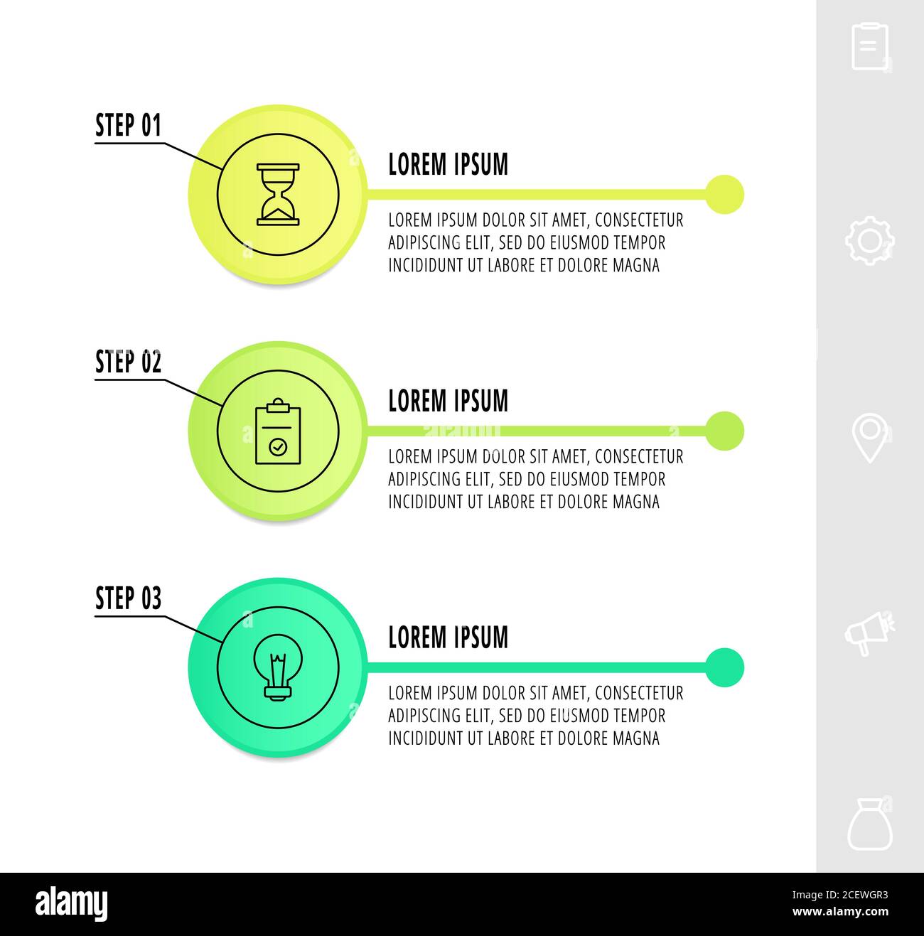 Cercles infographiques avec 3 étapes, icônes. Modèle vectoriel à ligne plate. Peut être utilisé pour trois diagrammes, business, web, bannière, info graphe, timeline Illustration de Vecteur