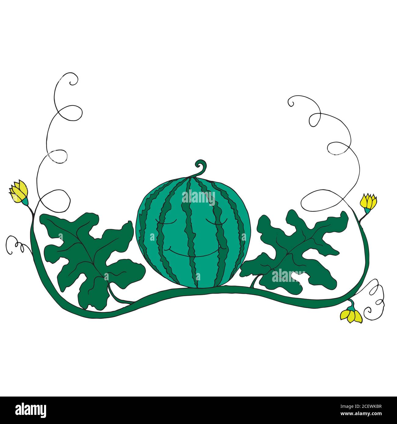 Pastèque de dessin animé dans le feuillage et les fleurs isolées sur le dos blanc Illustration de Vecteur