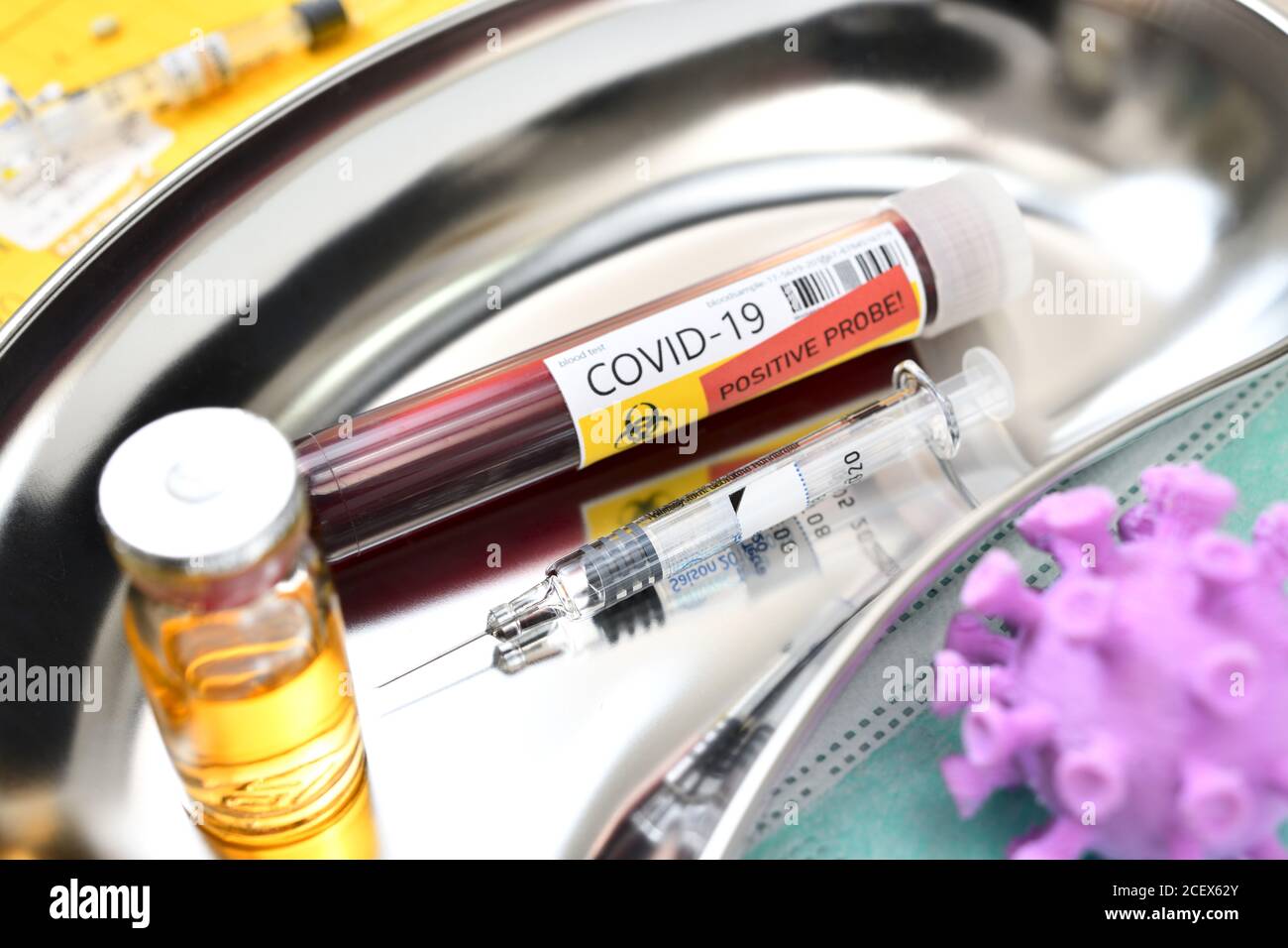 Tube de prélèvement sanguin COVID-19 et seringue dans une boîte de rein, vaccination corona Banque D'Images