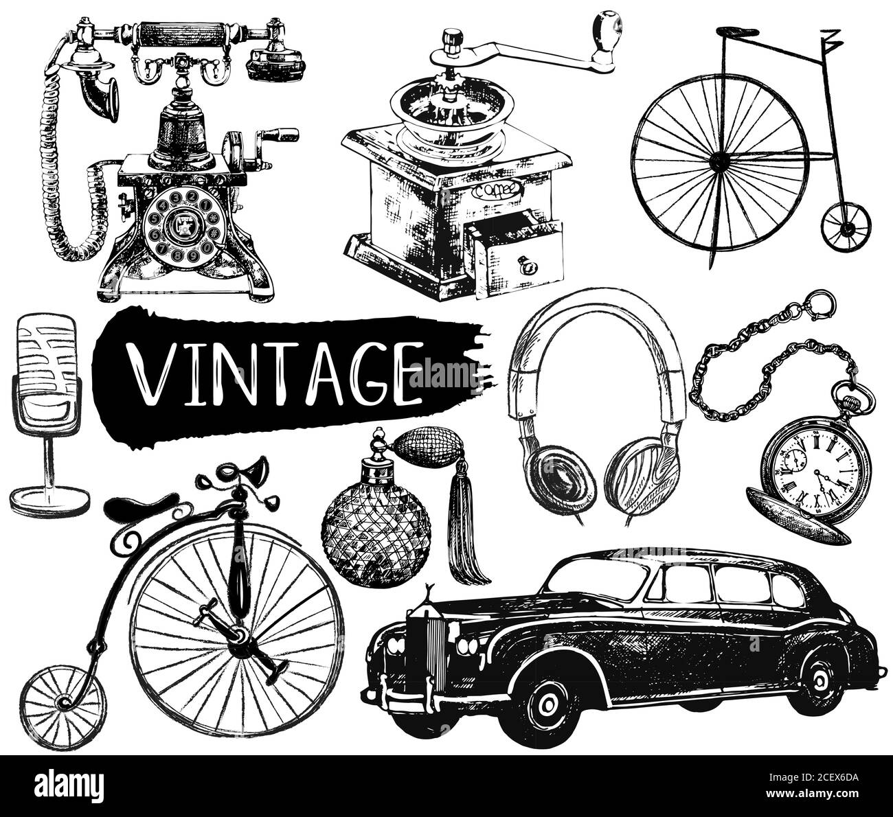 Ensemble de style d'esquisse dessiné à la main différents objets vintage isolés sur fond blanc. Illustration vectorielle. Illustration de Vecteur