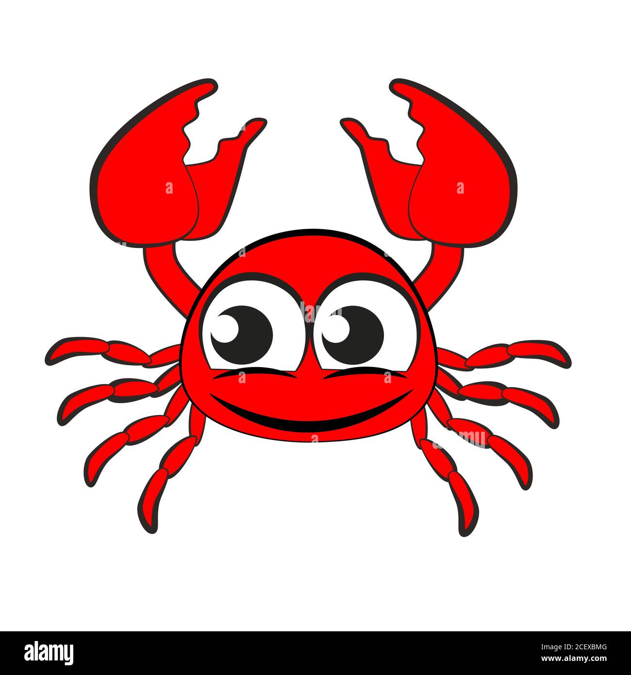 Crabe rouge à dessins animés avec de grandes griffes isolées sur fond blanc. Illustration de Vecteur