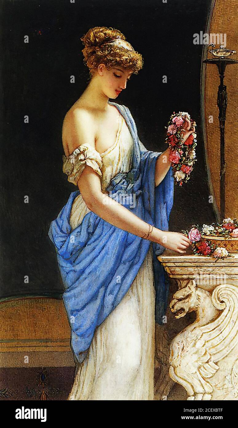 Bouvier Auguste Jules - une fille en tenue classique A Garland of Flowers - British School - 19e siècle Banque D'Images