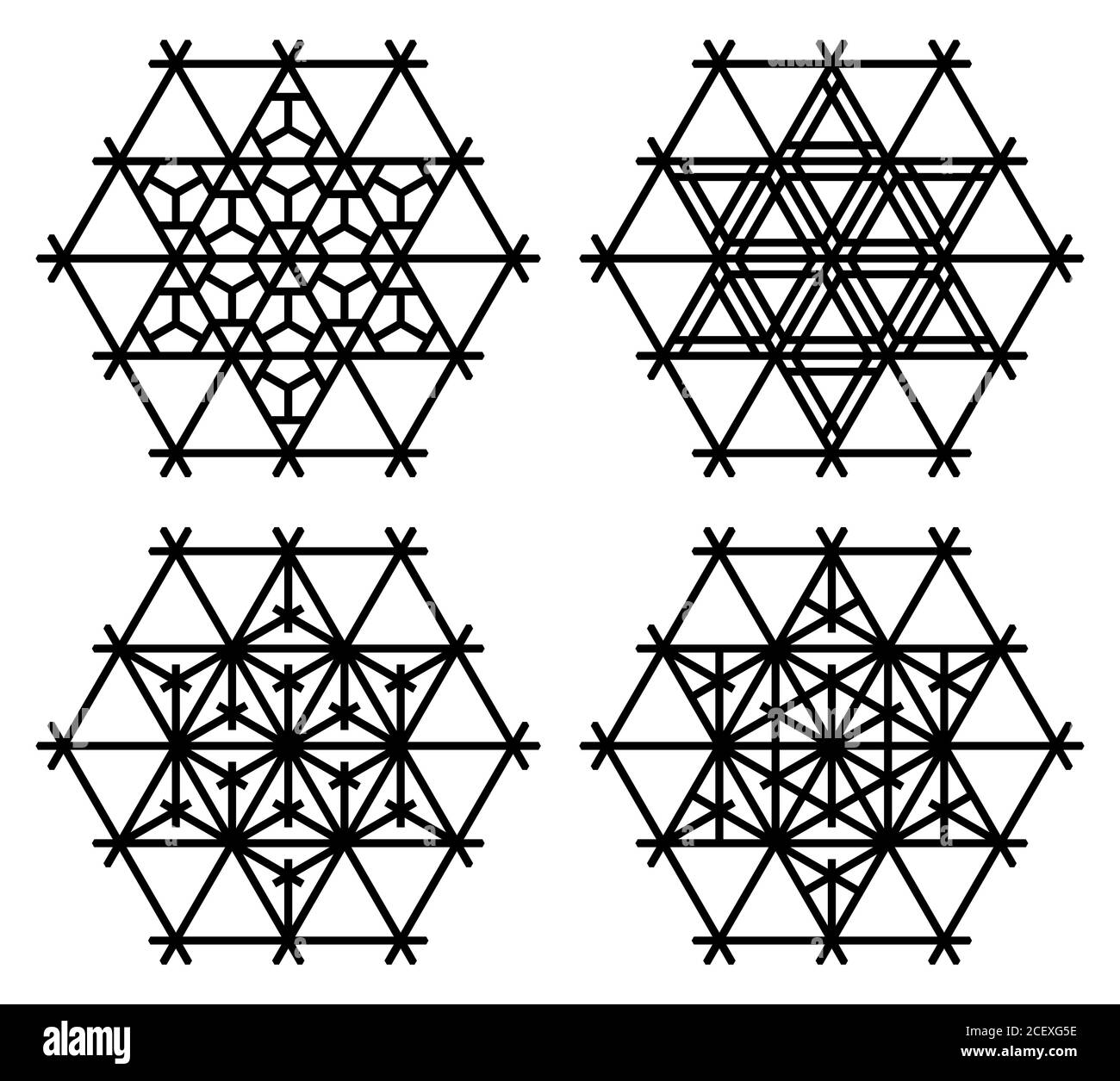 Ensemble de quatre motifs japonais dans le style Kumiko zaiku.cadre Hexagon.lignes de couleur noires. Illustration de Vecteur