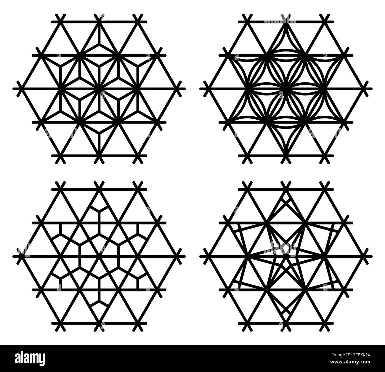 Ensemble de quatre motifs japonais dans le style Kumiko zaiku.cadre Hexagon.lignes de couleur noires. Illustration de Vecteur