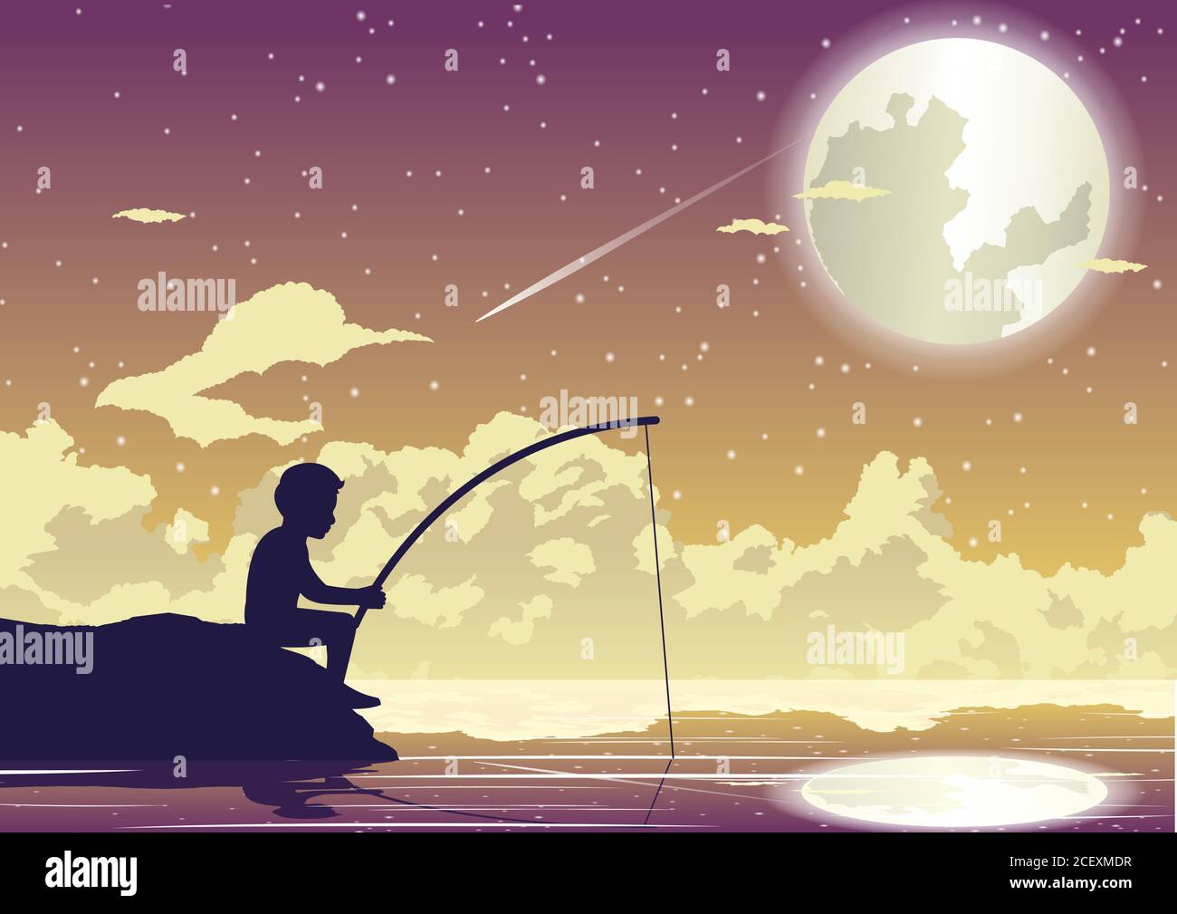 L'avtivité des gens et la scène de vie de ce garçon est assis à la pêche dans la belle nuit Illustration de Vecteur