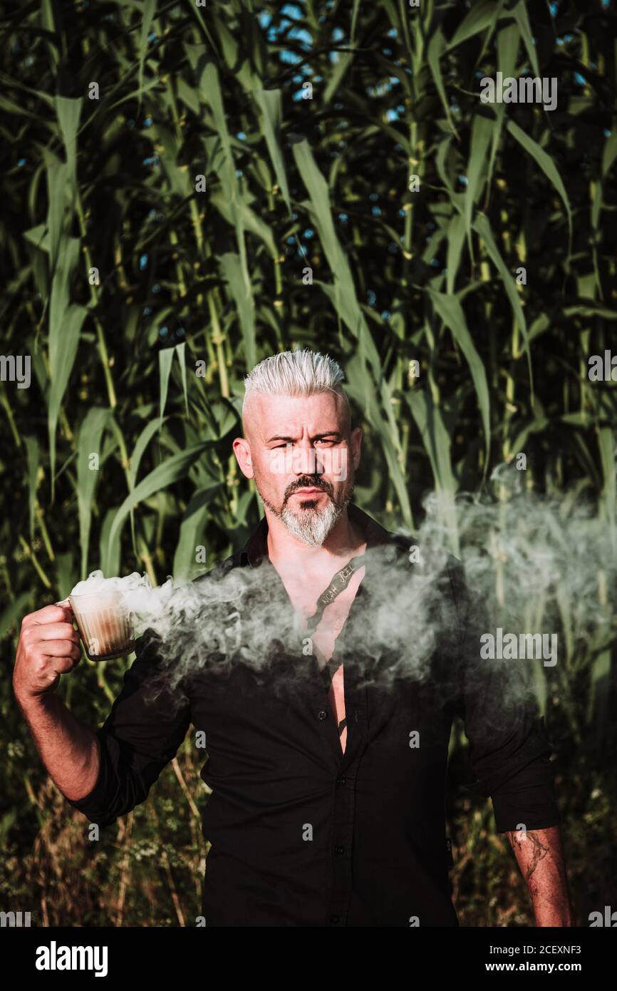 Homme aux cheveux gris brutaux avec barbe et moustache fumez la bombe et  regardez la caméra en vous tenant debout contre de grands plants de maïs au  champ Photo Stock - Alamy