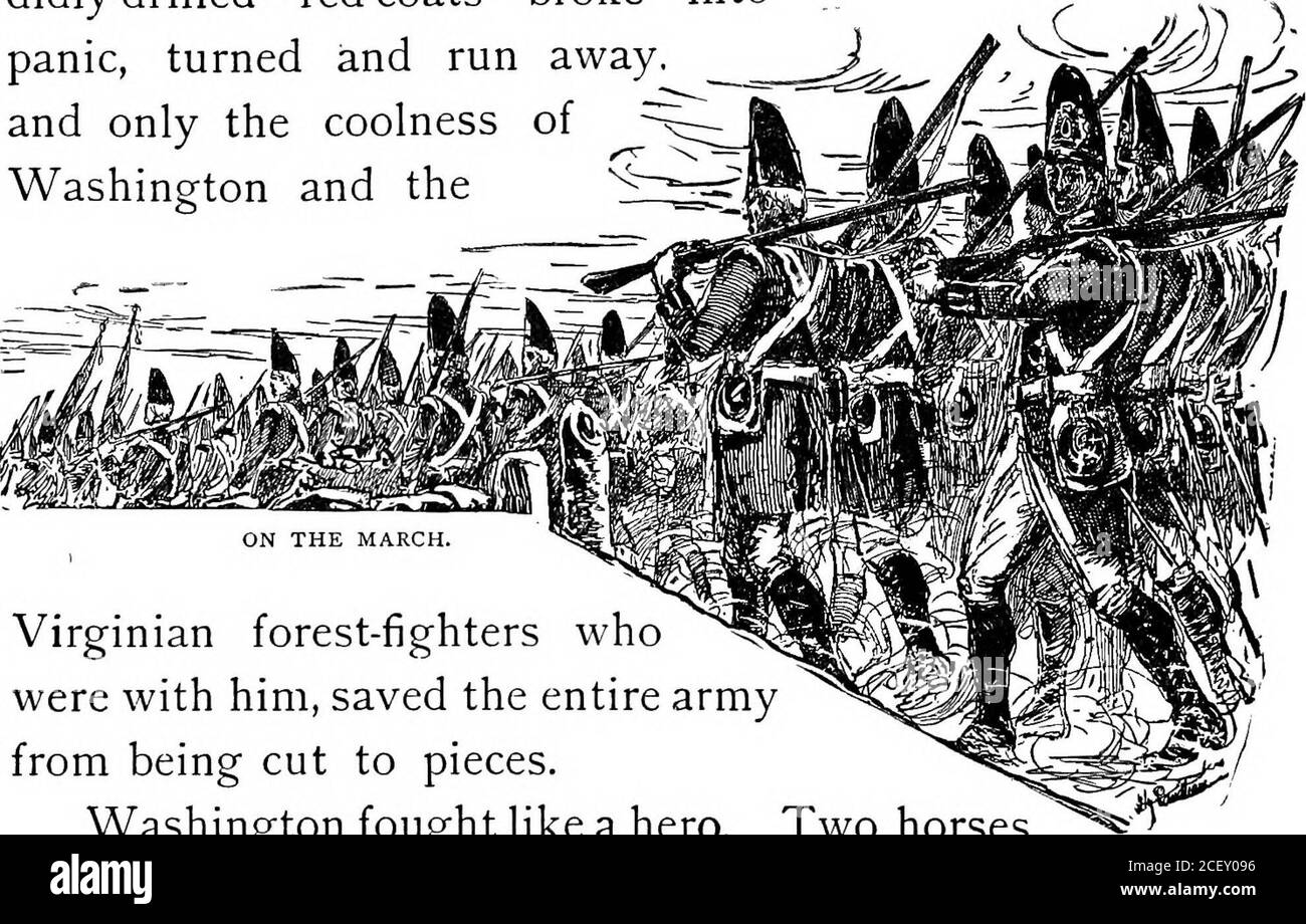 . La vraie histoire de George Washington : appelé le père de son pays. 6o COLONEL WASHINGTON Ox MOUNT VERNON. C'était très bientôt. Les soldats britanniques, pompier de tous les côtés et à peine capables de voir où étaient leurs éniques, sont devenus effrayés, se sont réunis et ont madelé les meilleures marques pour les balles des Français et des Indiens qui se cachent parmi les arbres et les buissons. Puis, le général Braddock est tombé de son cheval, mortellement blessé; ses manteaux rouges forés en éclats se sont transformés en r&gt; panique, s'est détournée et s'est enragé. ^^^ J^^^^J^Jand seulement la fraîcheur de Washington et de ^. Forêt de Virginie-figuier Banque D'Images