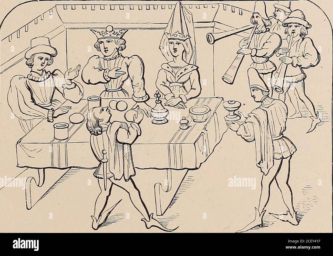 . La boude de l'éducation. Eeception de la Minstrel (qui est au feu). Depuis la MS du XVe siècle. Boman de Laviolette, à Paris. Notez la Tahle dormant, les jambes et le dessus fixes. Wright, p. 366. Un parti Eoyal. D'un loth siècle MS. Du Comte dArtois, anciennement en possession OFM. Barrois, et maintenant de Seigneur Ashluirnham (?). Wright, p. 363. X. Banque D'Images