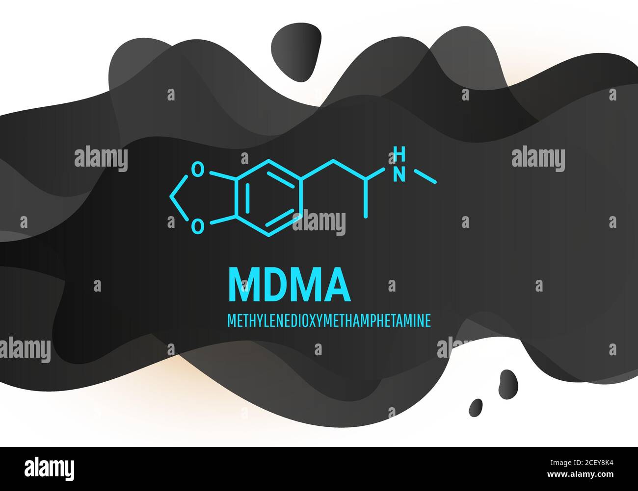 Formule chimique structurelle MDMA avec formes de liquide noir arrière-plan blanc Illustration de Vecteur