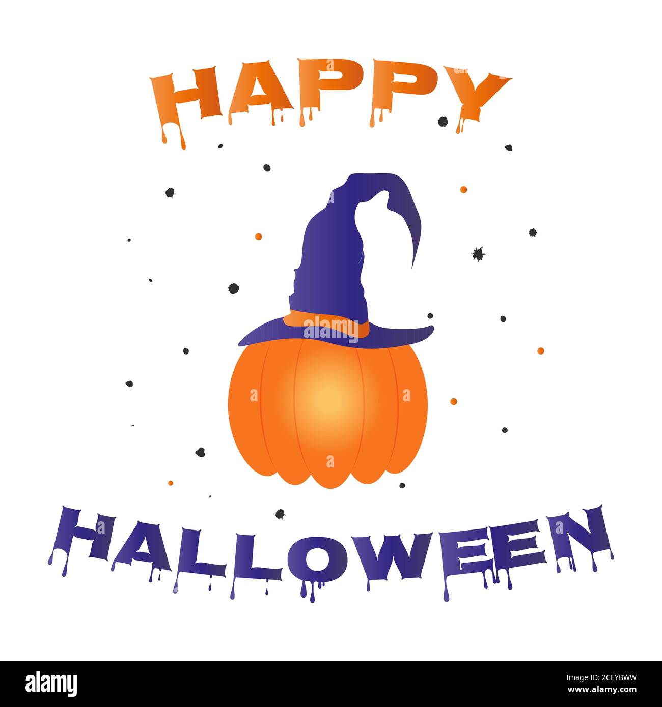 Joyeux halloween texte et citrouille orange dans l'illustration de vecteur chapeau de sorcière. Illustration de Vecteur