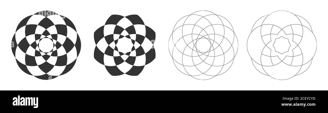 Ensemble de quatre mandalas abstraites, symboles géométriques sacrés, lotus. Répétitions géométriques symétriques. Illustration de la représentation vectorielle du mobochrome. Illustration de Vecteur