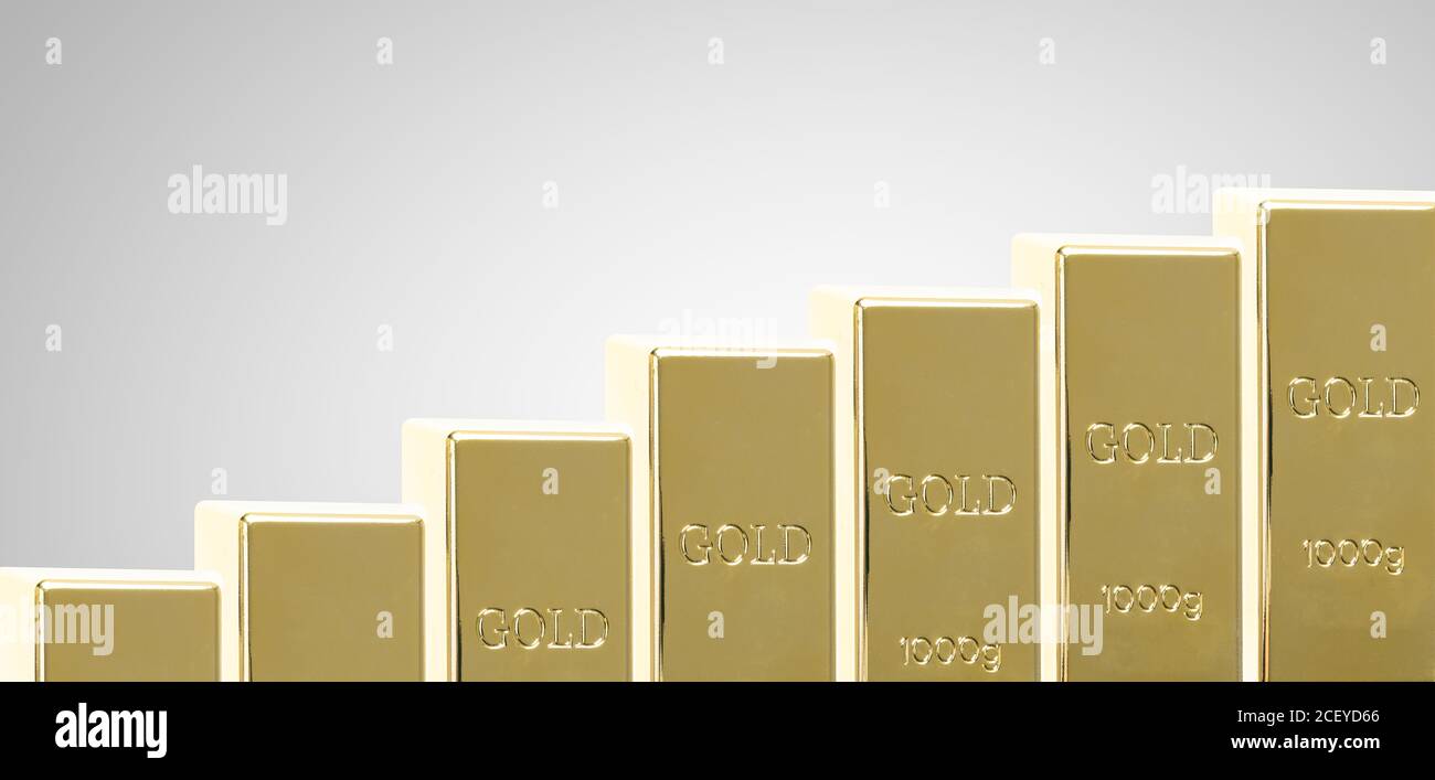 L'augmentation du prix de l'or symbolisée par la hausse des barres d'or comme un graphique Banque D'Images