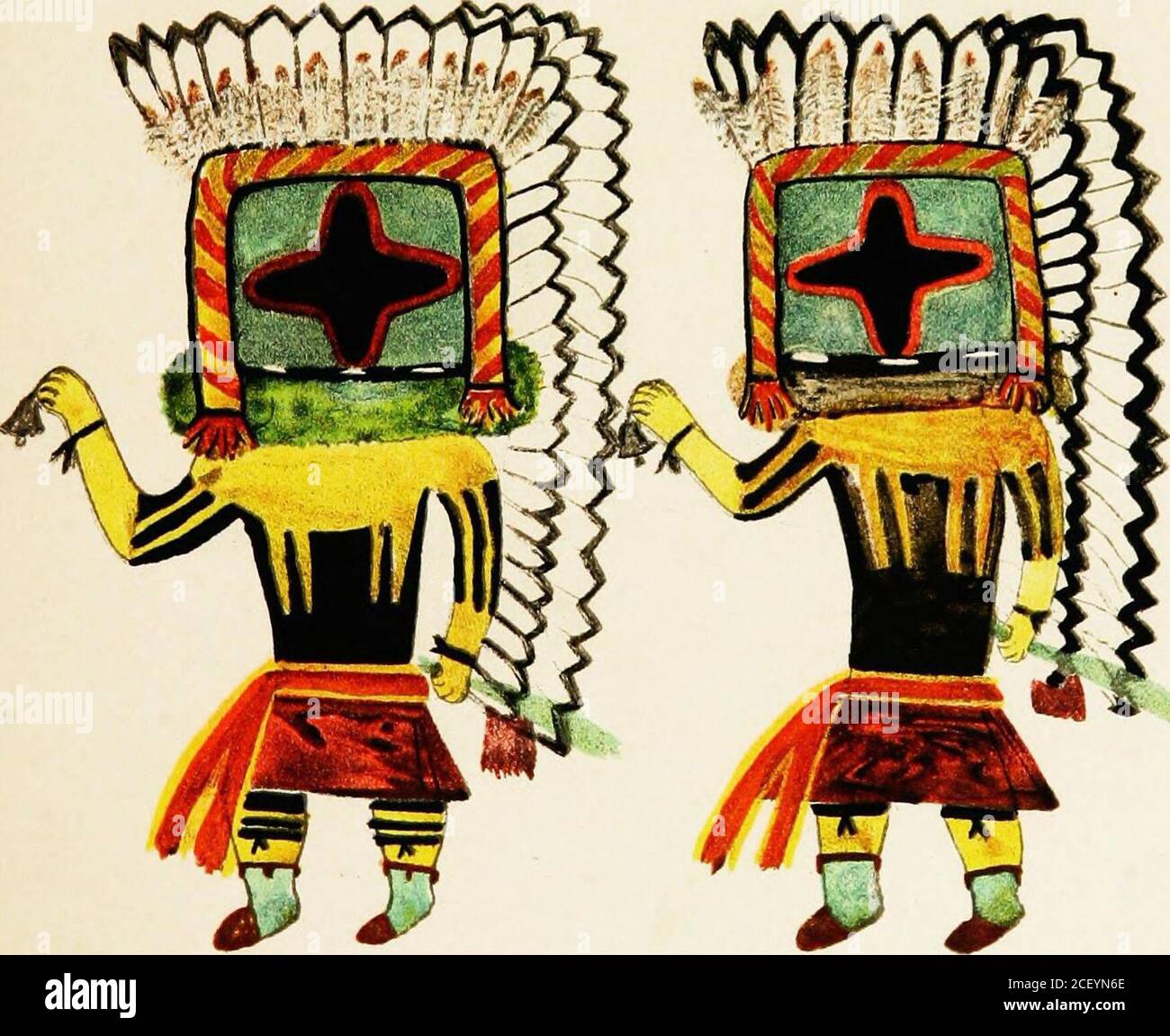 . Hopi Katcinas dessiné par des artistes autochtones. OWANOZROZRO GOTO WALPli. GOTO lORAiBh 90 H(.)P1 KATCINAS [ÉT. axn. 21 KOKYAN WtjQTl(plate XXIX) quand les Kutikoii katcinas dansaient l'Aiikwanti il a accom-panié les danseurs une personnalité appelée wtiqti, grand-mère femme, et comme la grand-mère de Piiukofi est Kokyan wuqti (Spider woman), ainsi wiiqti est censé être un autre nom pour ce. Le masque est parfaitement noir, avec des yeux crescentiques jaunes et des cheveux blancs. Elle porte une couverture en L foncé, sur laquelle est recouvrant une couverture en cere-monial blanche avec des nuages de pluie et des butteiflj sj^mbols. Elle porte l'asprimg de Banque D'Images