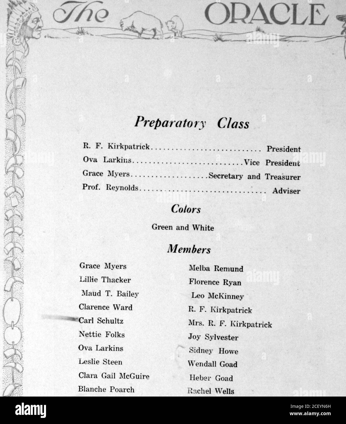 . Oracle, le. Le préparateur de l'ODACLL à la classe RY R. F. Kirkpatrick Président Larkins Vice-président Grace Myers Secrétaire et Trésorière Prof Conseiller Reynolds couleurs Vert et blanc membres Grace Myers Melba Remund Lillie Thacker Florence Ryan Maud T. Bailey Leq McKinney Clarence Ward R. F. Kirkpatrick !arl Schultz Mme R. F. Kirkpatrick Nettie Folks joy Sylvester ova Larkins Sidney Howe 4 Leslie Steen Wendall Goad Clara Gail McGuire Heber Goad Blanche Poarch Rachel Wells Banque D'Images . Oracle, le. Le préparateur de l'ODACLL à la classe RY R. F. Kirkpatrick Président Larkins Vice-président Grace Myers Secrétaire et Trésorière Prof Conseiller Reynolds couleurs Vert et blanc membres Grace Myers Melba Remund Lillie Thacker Florence Ryan Maud T. Bailey Leq McKinney Clarence Ward R. F. Kirkpatrick !arl Schultz Mme R. F. Kirkpatrick Nettie Folks joy Sylvester ova Larkins Sidney Howe 4 Leslie Steen Wendall Goad Clara Gail McGuire Heber Goad Blanche Poarch Rachel Wells Banque D'Images