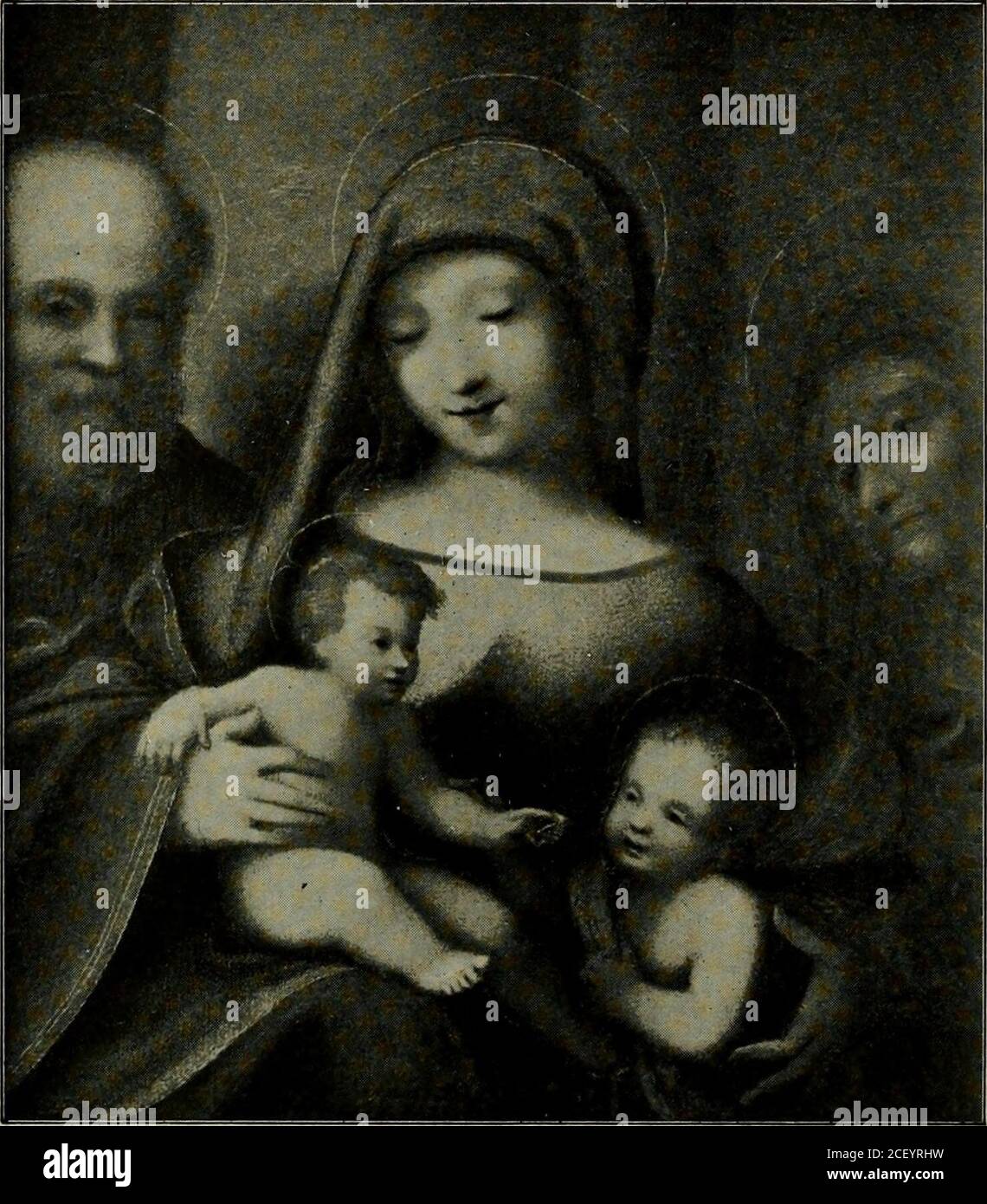 . Antonio Allegri da Correggio, sa vie, ses amis, et son temps. LA TUYAUTERIE FAUN, PAR CORREGGIO. Dans la Galerie de Munich. Io8 ANTONIO DA CORREGGIO Madonna souriante est étroitement allié à celle de la Vierge dans le maître-autel franciscain. Le petit panneau de Pavie appartenait à l'origine à la famille Malaspina. Sur un feuillet de carton attaché au dos de la thename et les bras de Luigi Malaspina de Sannazaro sont encore à deci-phered. La Vierge pose une main sous le bras de l'InfantJesus, qui penche de ses genoux vers le petit Saint Jean. Saint-Joseph se dresse à Theleft, et à theright a St. Eliza-beth Banque D'Images