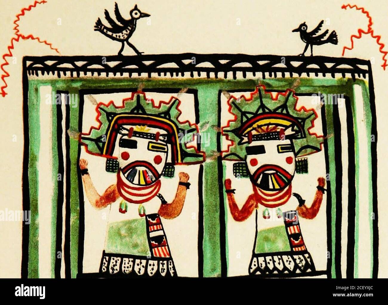 . Hopi Katcinas dessiné par des artistes autochtones. Semblable à ceux de l'Hopi, sauf que les premiers ont des figures en terrasse ou des symboles de nuages de pluie dans chaque coin inférieur, et une barbe rouge au lieu d'une barbe noire. Le kilt rouge de la lasse mâle, attaché par une ceinture de disques d'argent, qui sont communs Navahoornements. La robe de la fille se compose d'une chemise en velours noir et d'un calicoskirt rouge, avec un morceau de calico sur ses épaules. Elle porte un Navahonecansält. Sa coiffure est un repère attaché derrière la tête, comme celui de la lèvre de projection Navahos.The, illustrant une habitude de gesticulation avec la mâchoire inférieure si commune parmi Nava Banque D'Images