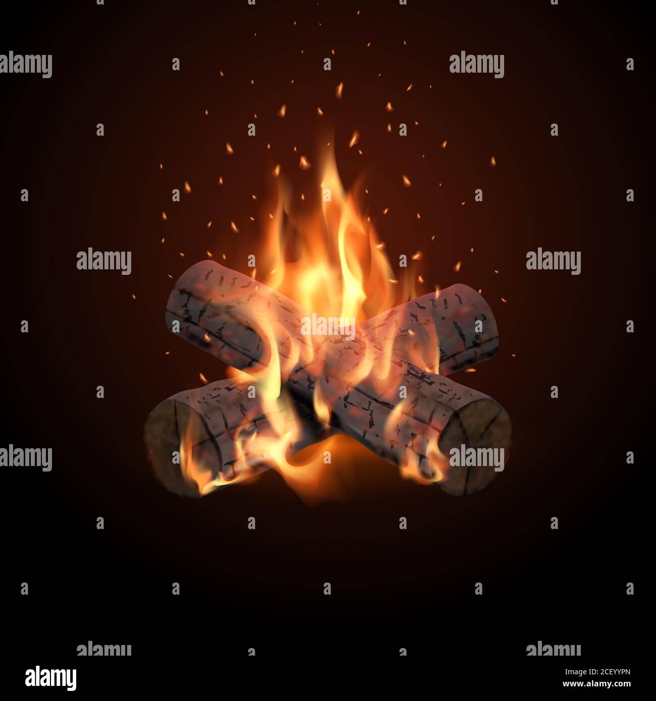 Un feu de joie avec des étincelles volantes sur un fond sombre. Burning Wood.3D.Illustration vectorielle réaliste. Illustration de Vecteur