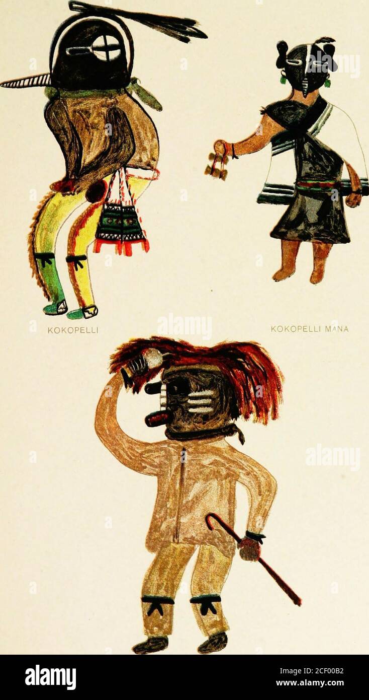 . Hopi Katcinas dessiné par des artistes autochtones. NAKIATCOP BUREAU OF AMERICAN ETHNOLOGY VINGT ET UNIÈME RAPPORT ANNUEL PL. XXV. LAUUKTI PEWKES] KAXCINAti APPEARINct IX IAILILIKOXTI 87 PalulCkonti (Ankwanti) Festival MACIBOL(plate XXVI) ces deux figures représentent des hommes masqués qui apparaissent parfois dans le festival de mars (Anliwaiiti), les effigies du Grand serpent. en les tordant sur leurs bodieset en les faisant faire diverses girations d'une manière surprenante. L'un des bras représentés sur l'image est un faux, qui a misé sur l'épaule de l'interprète, le Banque D'Images