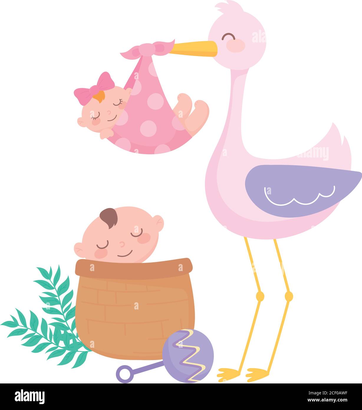 Douche De Bebe Cigogne Avec Fille Et Garcon Dans Le Dessin Anime De Panier Celebration Bienvenue Illustration De Vecteur Nouveau Ne Image Vectorielle Stock Alamy