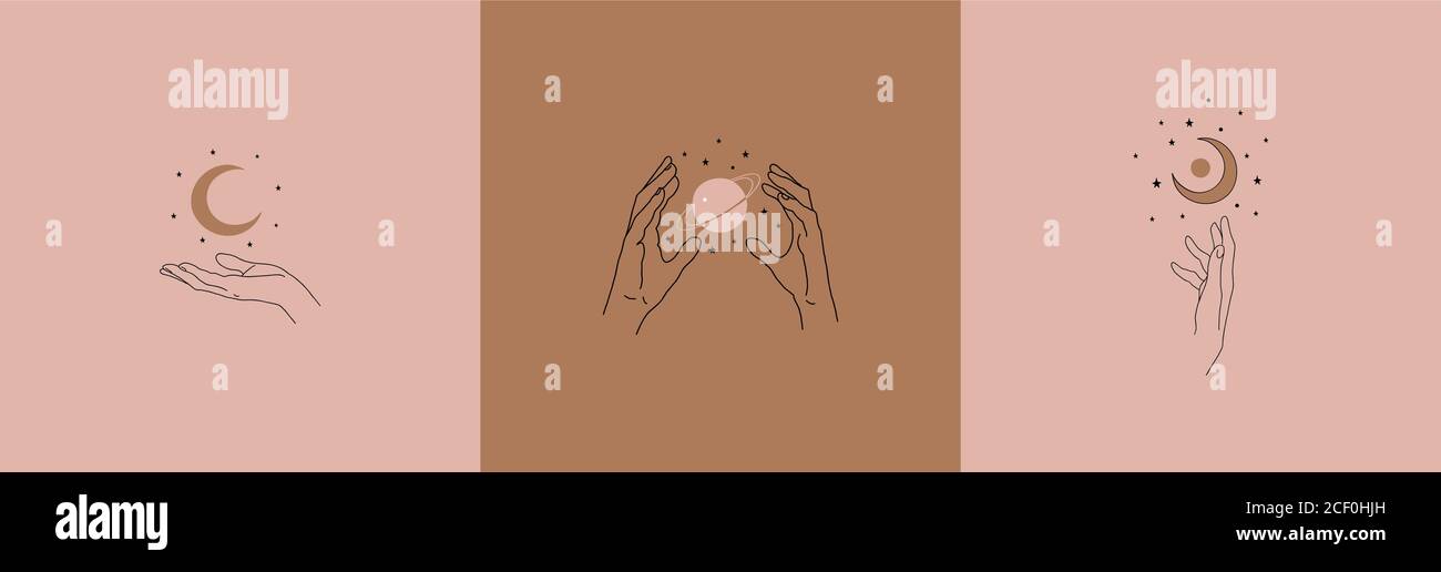 Ensemble de logos de mains de femmes, dessin linéaire. Modèles vectoriels avec différents gestes de main, lune, croissant, étoiles et planète. Pour les cosmétiques, la beauté, le tatouage, l'astrologie, la manucure, la bijouterie Illustration de Vecteur