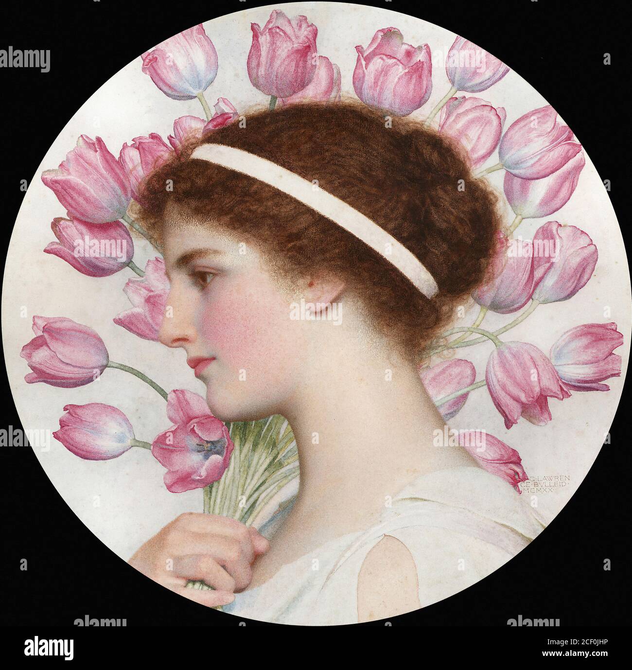Bulleid George Lawrence - une fille dans le roulement de robe classique Tulipes - British School - 19e siècle Banque D'Images