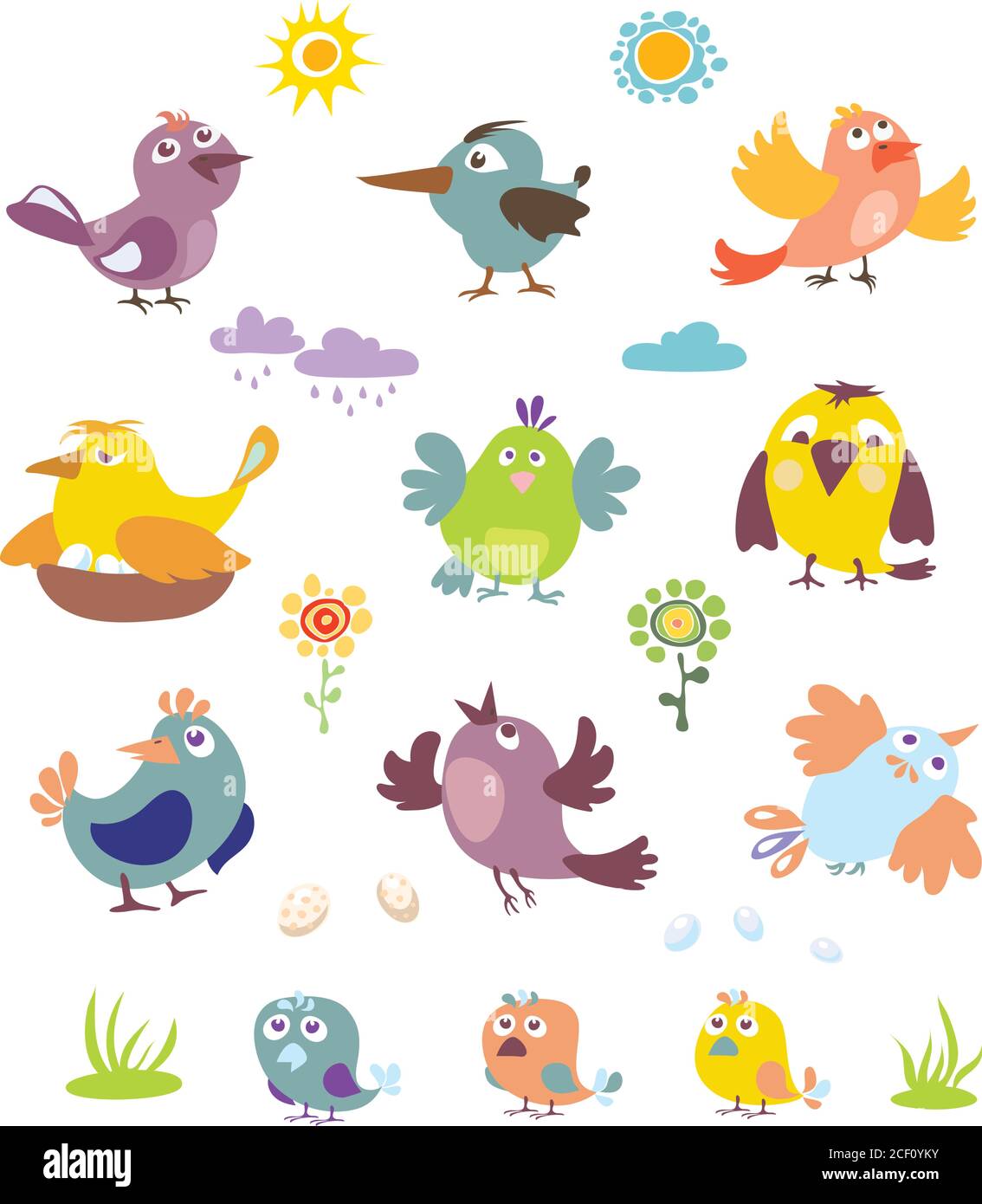 Oiseaux, ensemble d'images, illustration, motif, décor, printemps, été Illustration de Vecteur