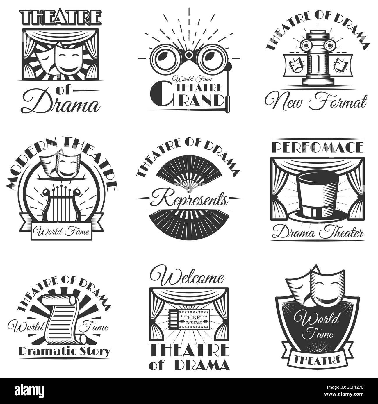 Ensemble vectoriel d'étiquettes, de logos et d'emblèmes isolés de théâtre classique. Symboles et éléments de design en noir et blanc. Illustration de Vecteur
