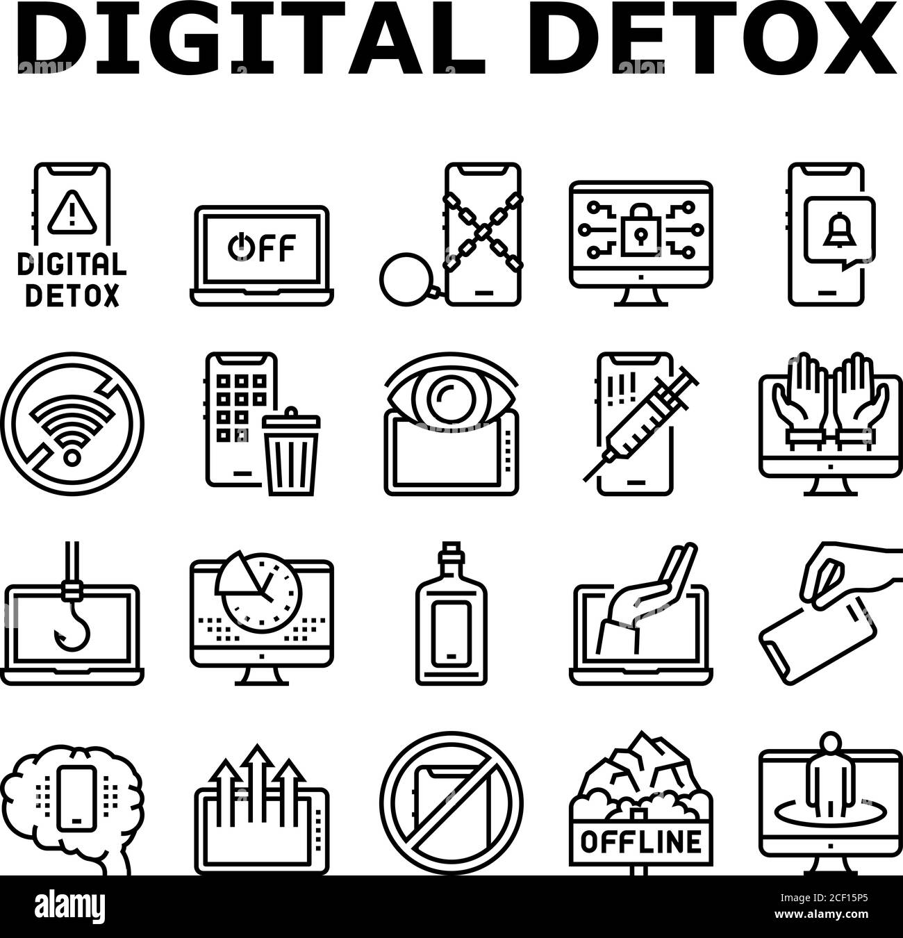 Les icônes de collection Detox de périphérique numérique définissent le vecteur Illustration de Vecteur