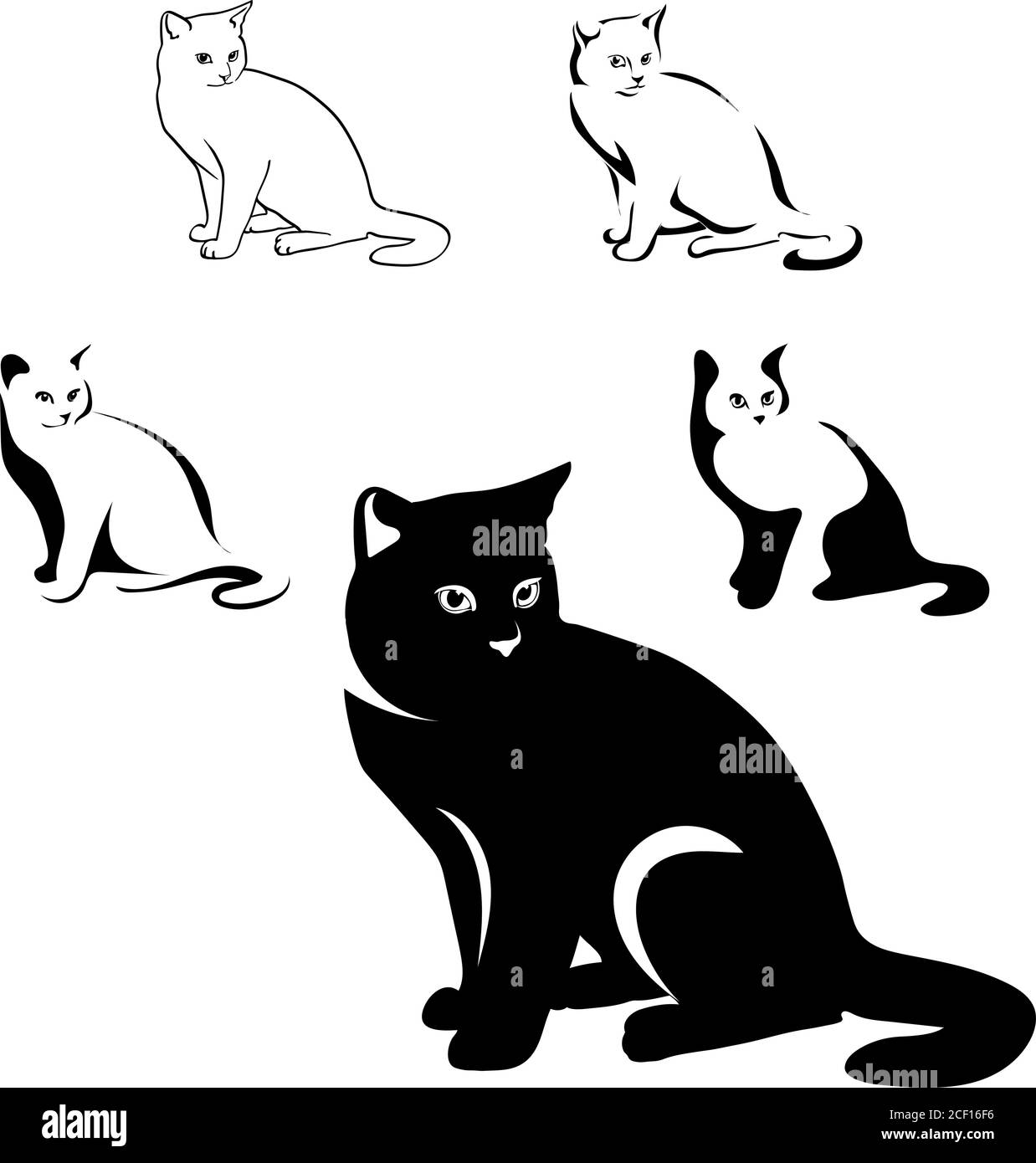 chats image noire dans diverses positions, chat assis, couché, marche, jouer, vecteur, noir, isolé, blanc, ensemble, fond, contour, animal Illustration de Vecteur