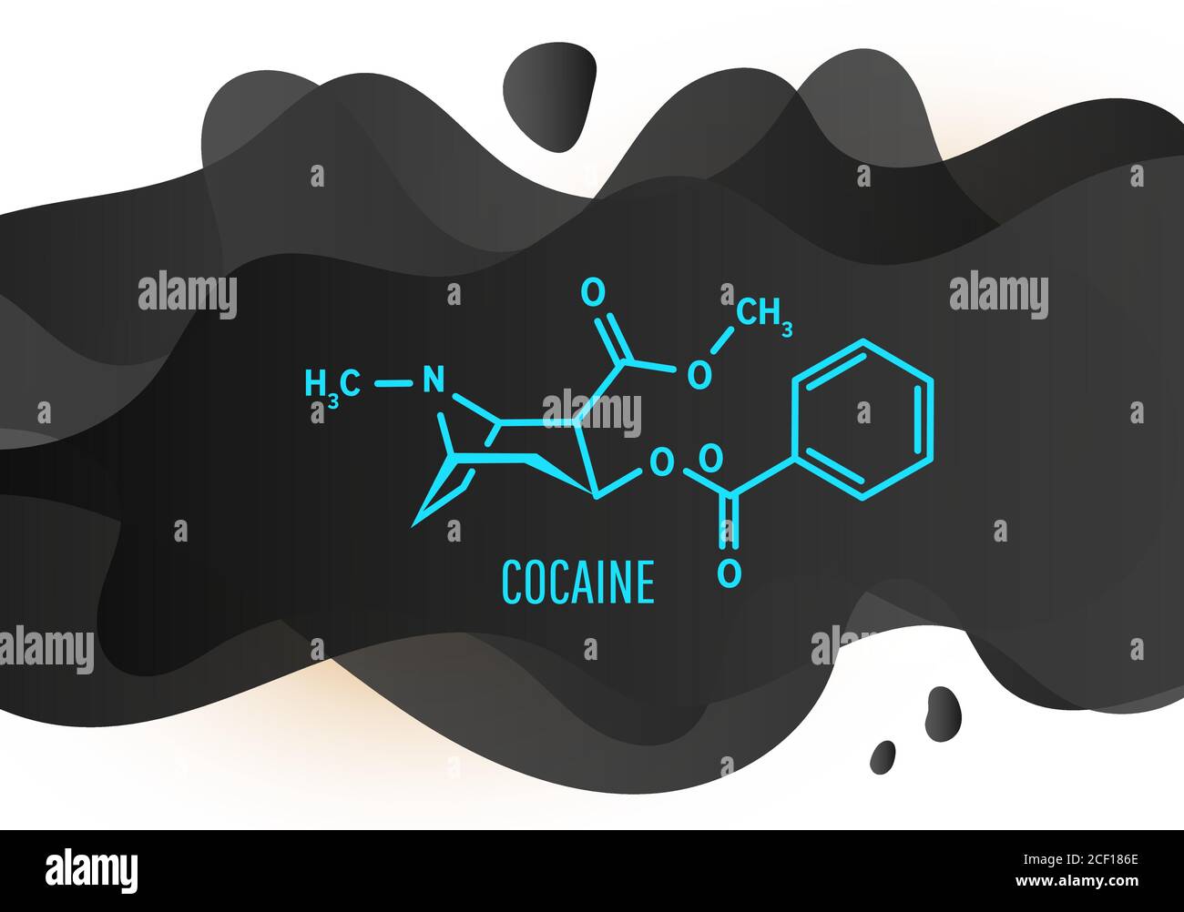 Formule chimique structurale de cocaine ou de coke avec liquide noir formes sur fond blanc Illustration de Vecteur