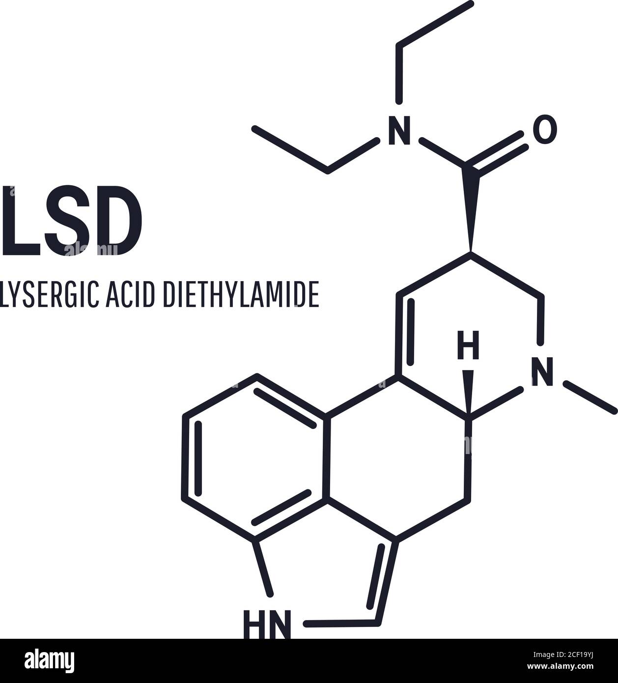 Acide lysergique diéthylamide LSD, également connu couramment sous le nom d'acide, formule chimique structurale sur fond blanc Illustration de Vecteur