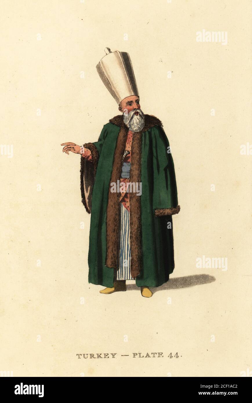 Membre du Divan, conseil du Grand Vizier, Empire ottoman. Le conseil du Sultan Selim III comptait 12 officiers. Il porte un grand manteau de fourrure, pelisse, garni de fourrure, bottes jaunes. Gravure sur plaque de coperplate de couleur main d'après Octavian Dalvimart de la traduction de William Alexander des représentations pittoresques de la robe et des manières des Turcs, Thomas m'Lean, Londres, 1814. Banque D'Images