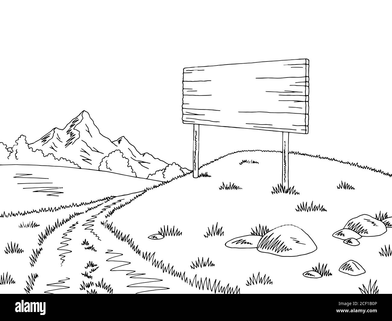 Route rurale graphique panneau noir blanc paysage esquisse illustration vecteur Illustration de Vecteur