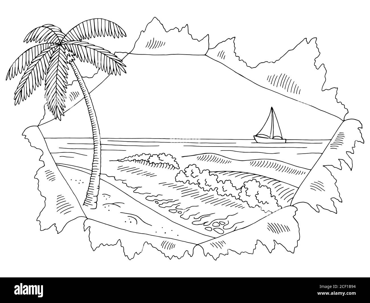 Illustration d'un dessin de paysage noir blanc représentant un trou de papier sur la côte de la mer vecteur Illustration de Vecteur