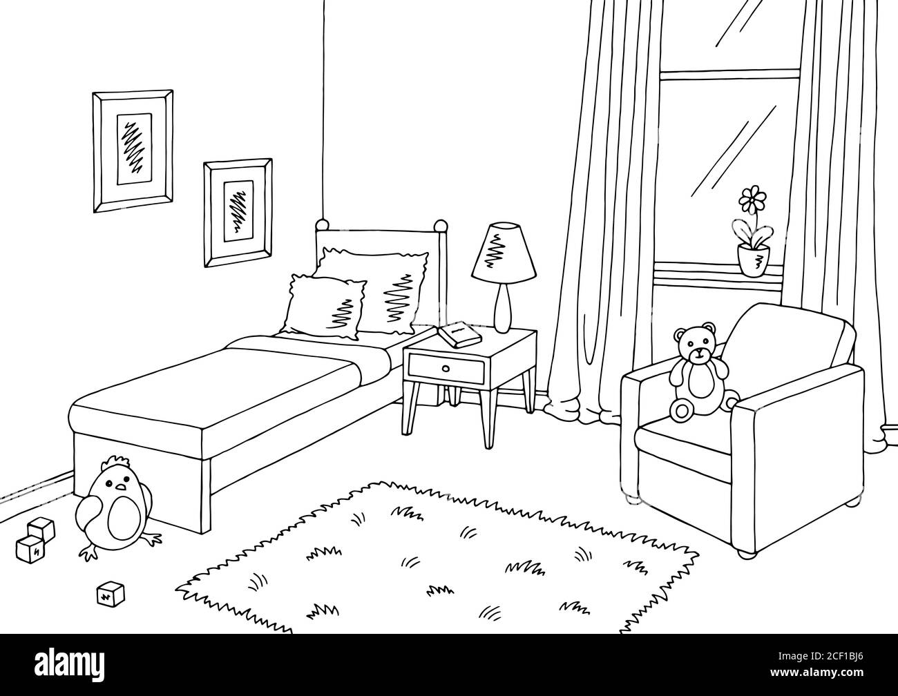 Illustration vectorielle d'esquisse intérieure noire blanche dans la chambre des enfants Illustration de Vecteur
