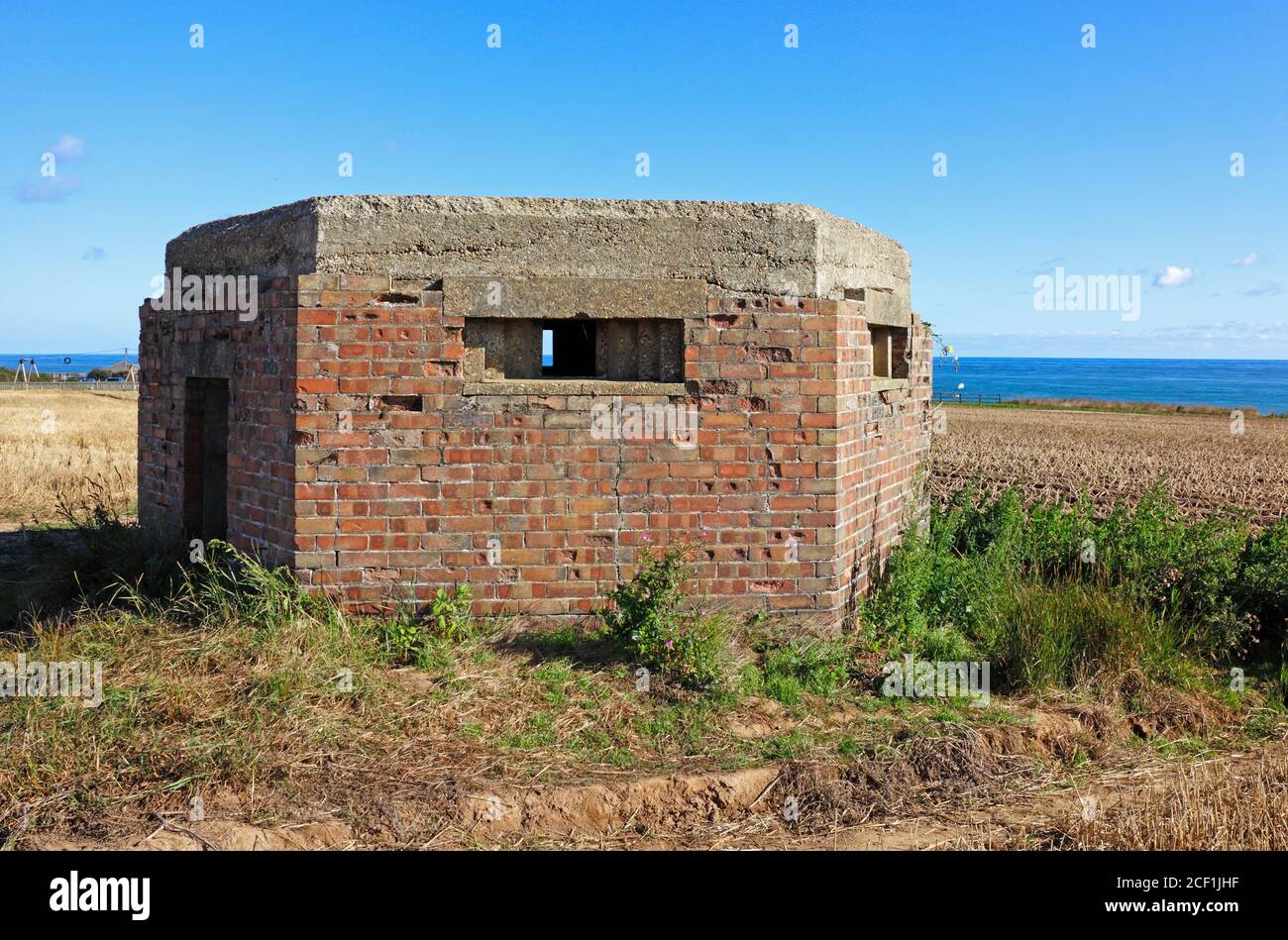 A World War Two six pans Pill Box de type 22 debout sur la côte nord de Norfolk à Happisburgh, Norfolk, Angleterre, Royaume-Uni. Banque D'Images