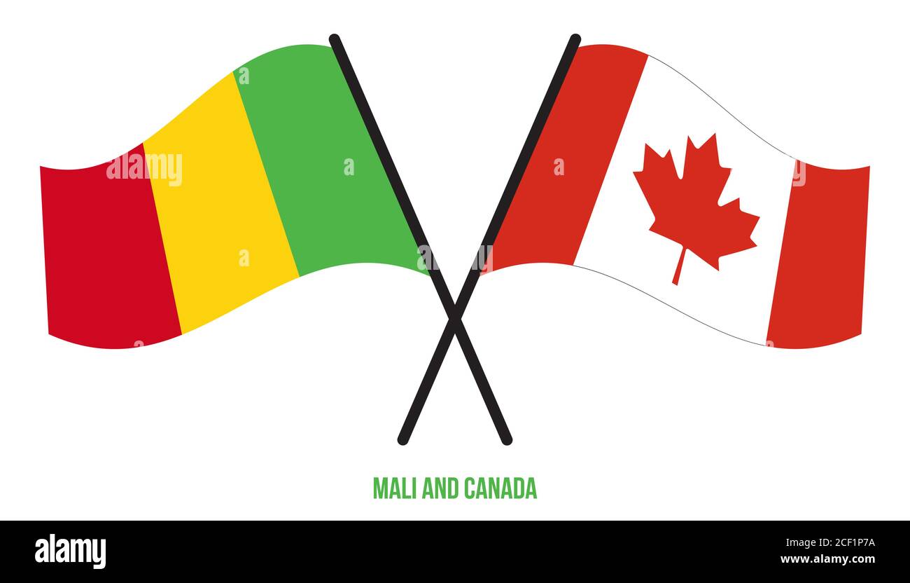 Mali et Canada drapeaux croisés et ondulant style plat. Proportion officielle. Corriger les couleurs. Illustration de Vecteur
