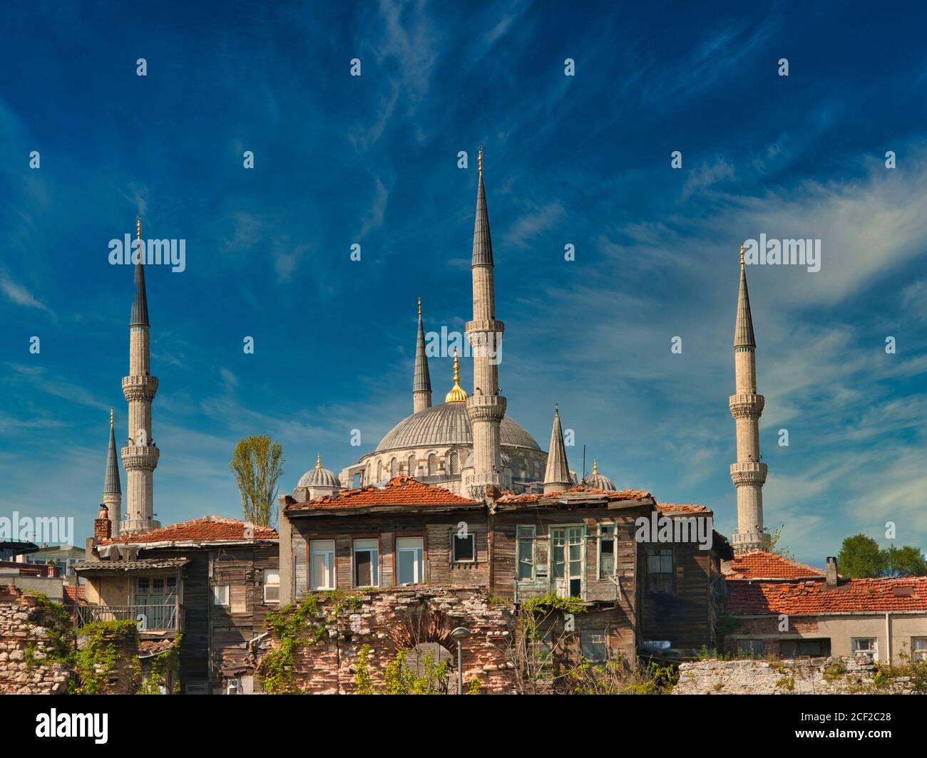 Minarets de la Mosquée bleue ou du Sultan Ahmed vus de l'avenue Kennedy, Istanbul, Turquie. Banque D'Images