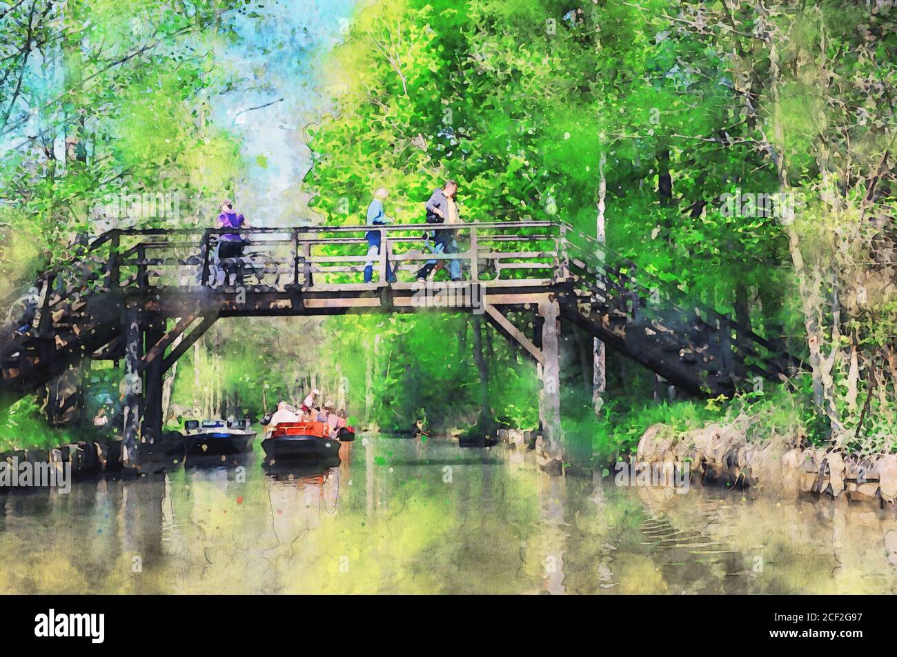 Illustration numérique de la forêt de Spreewald dans le Brandebourg en Allemagne. Bateau touristique dans le canal et les personnes marchant sur un pont. Banque D'Images