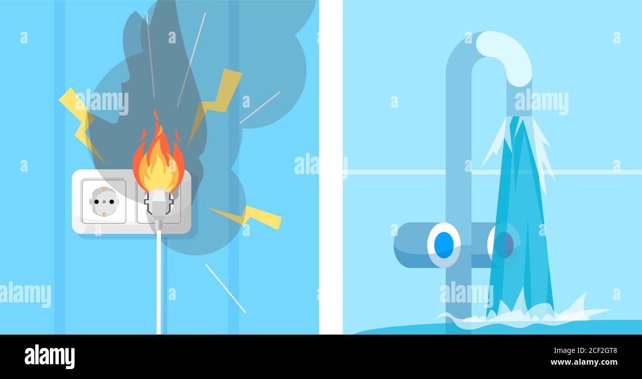Jeu d'illustrations vectorielles couleur RVB semi-plates fil défectueux et eau du robinet cassée. Court-circuit électrique. Salle de bains au sol. Accident domestique isolé Illustration de Vecteur