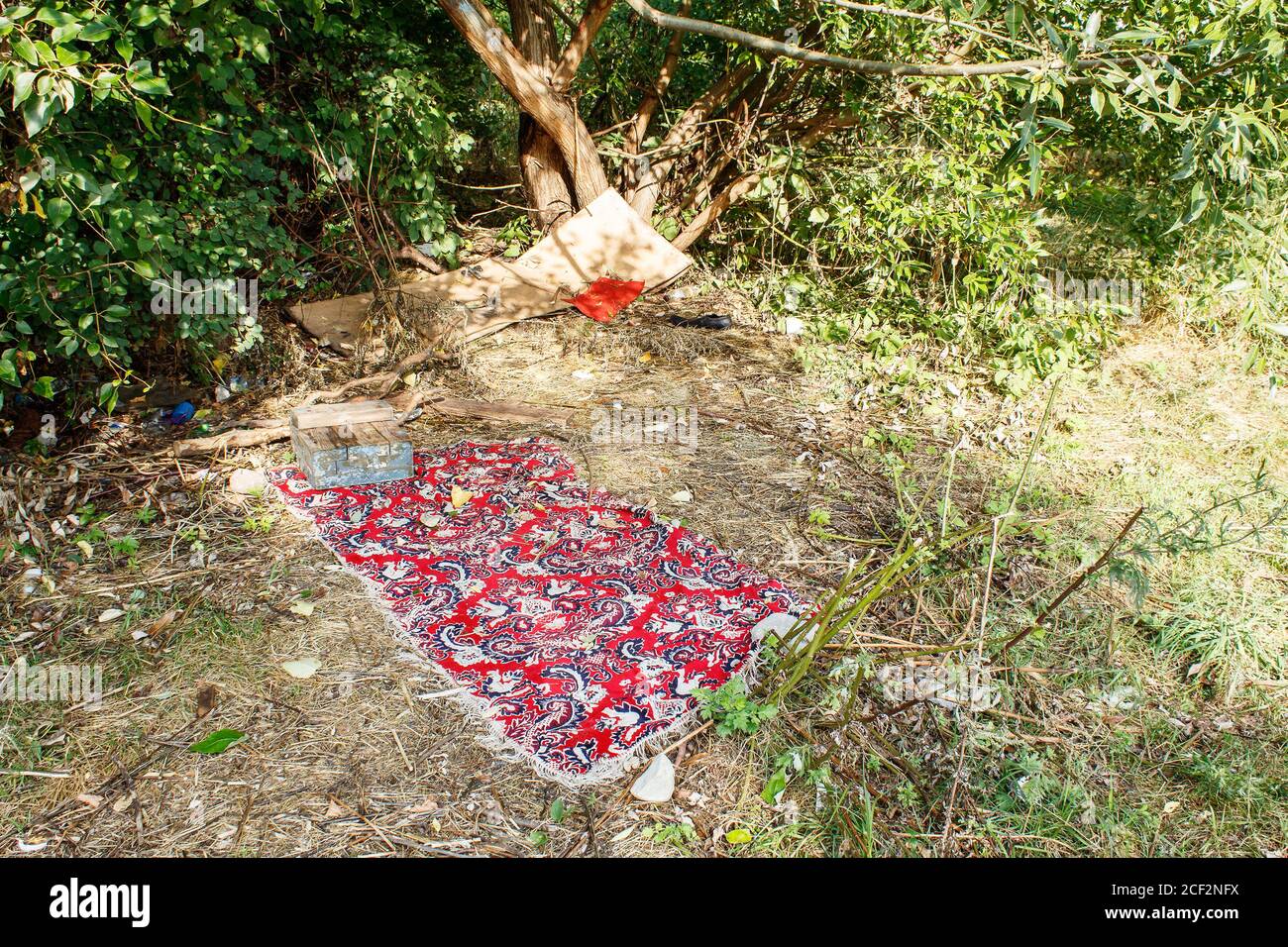 un endroit pour dormir sans abri avec un vieux tapis dans le parc de la ville jour d'été Banque D'Images