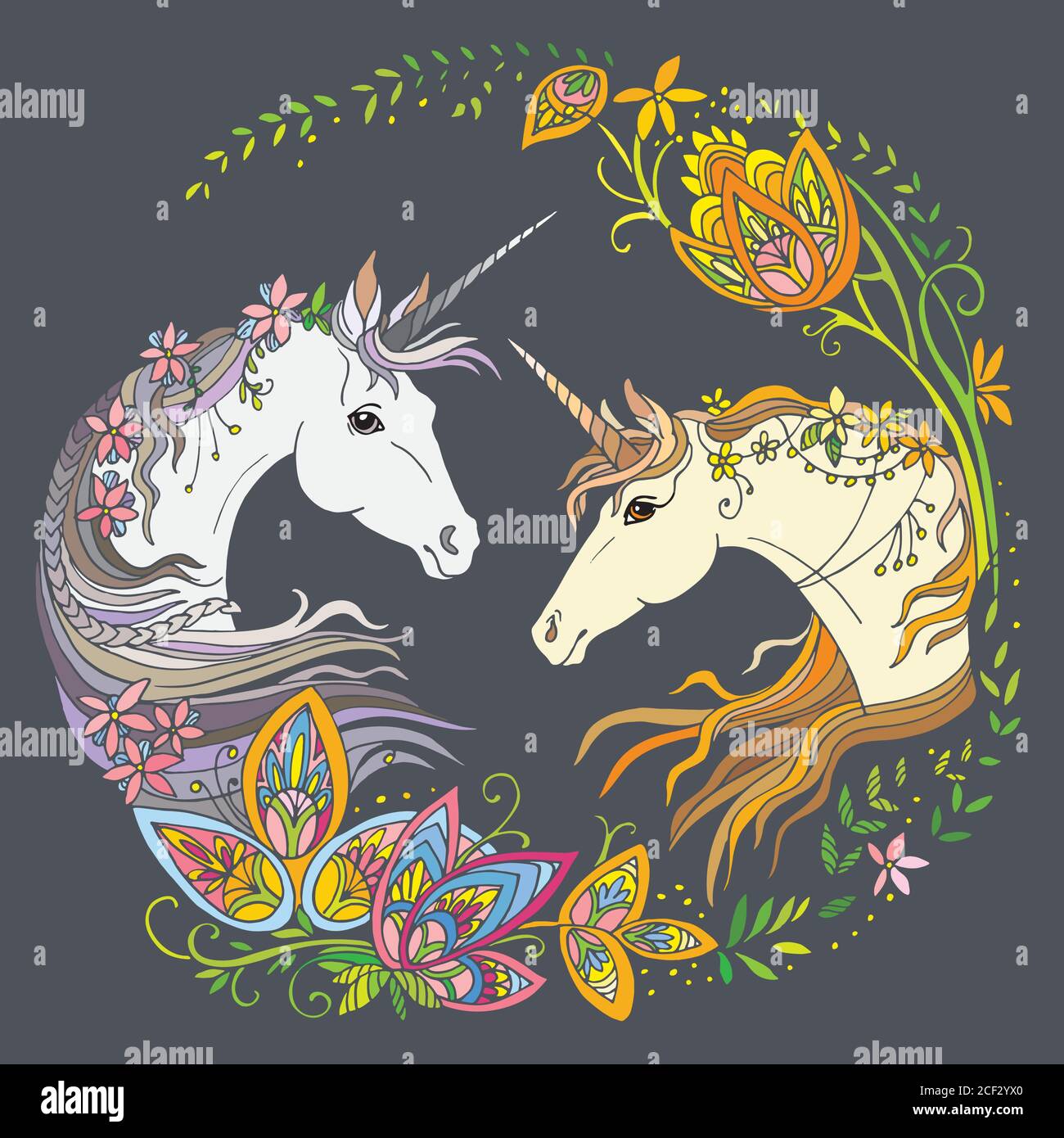 Vecteur de belles licornes avec des fleurs dans la composition de cercle. Illustration décorative colorée isolée sur fond gris. Pour t-shirt, autocollants, des Illustration de Vecteur