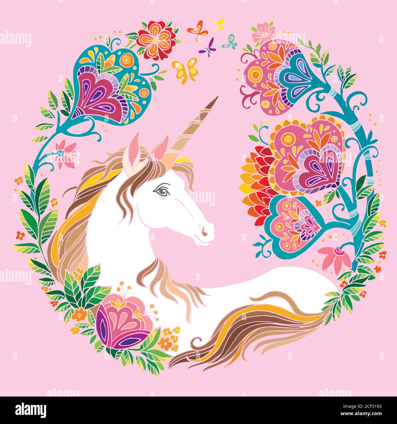 licorne de beauté vectorielle avec fleurs en cercle. Illustration décorative colorée isolée sur fond rose. Pour t-shirt, autocollants, motif Illustration de Vecteur