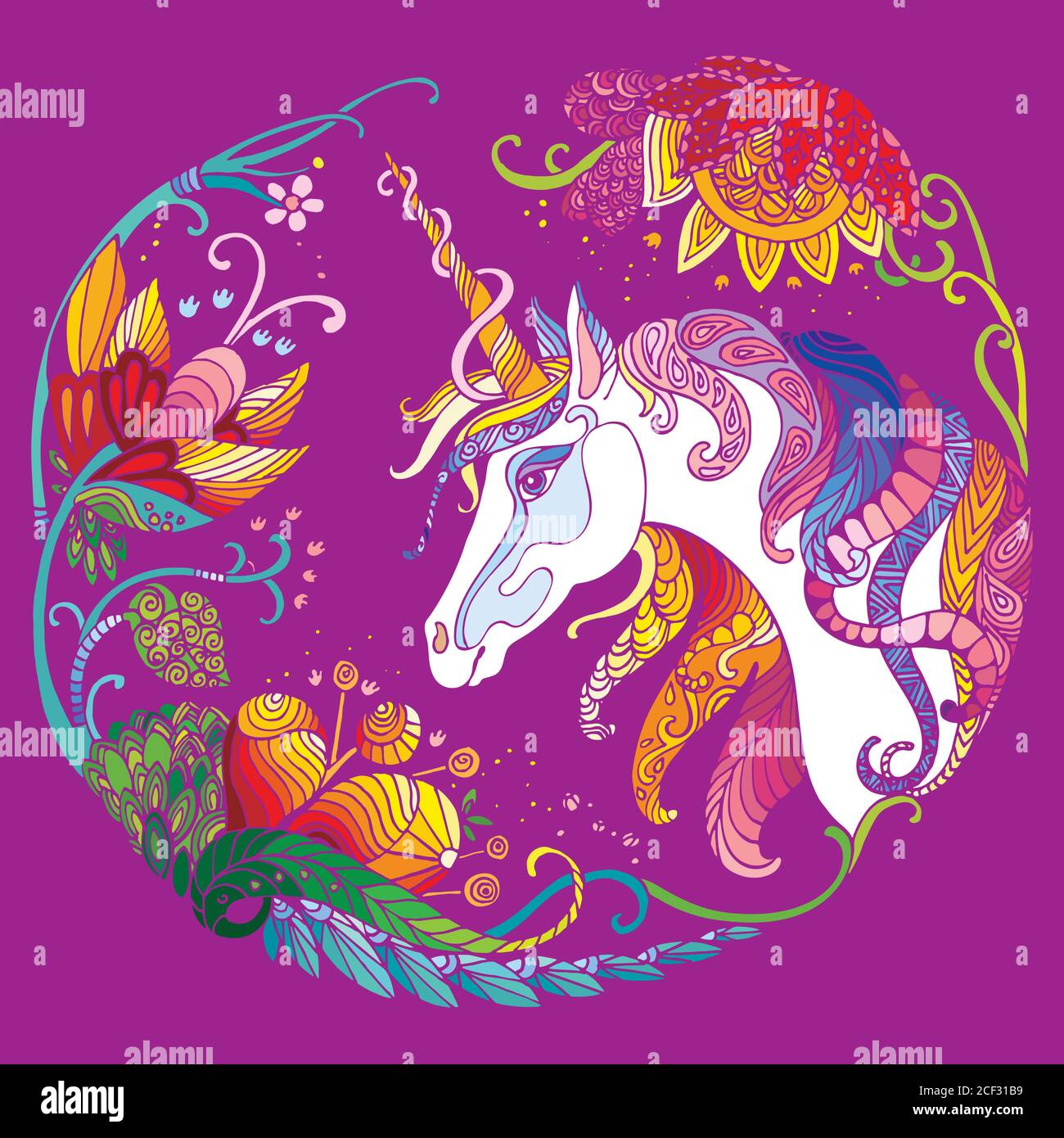 Vecteur magnifique licorne avec fleurs en cercle. Illustration décorative colorée isolée sur fond rose. Pour t-shirt, autocollants, Desi Illustration de Vecteur