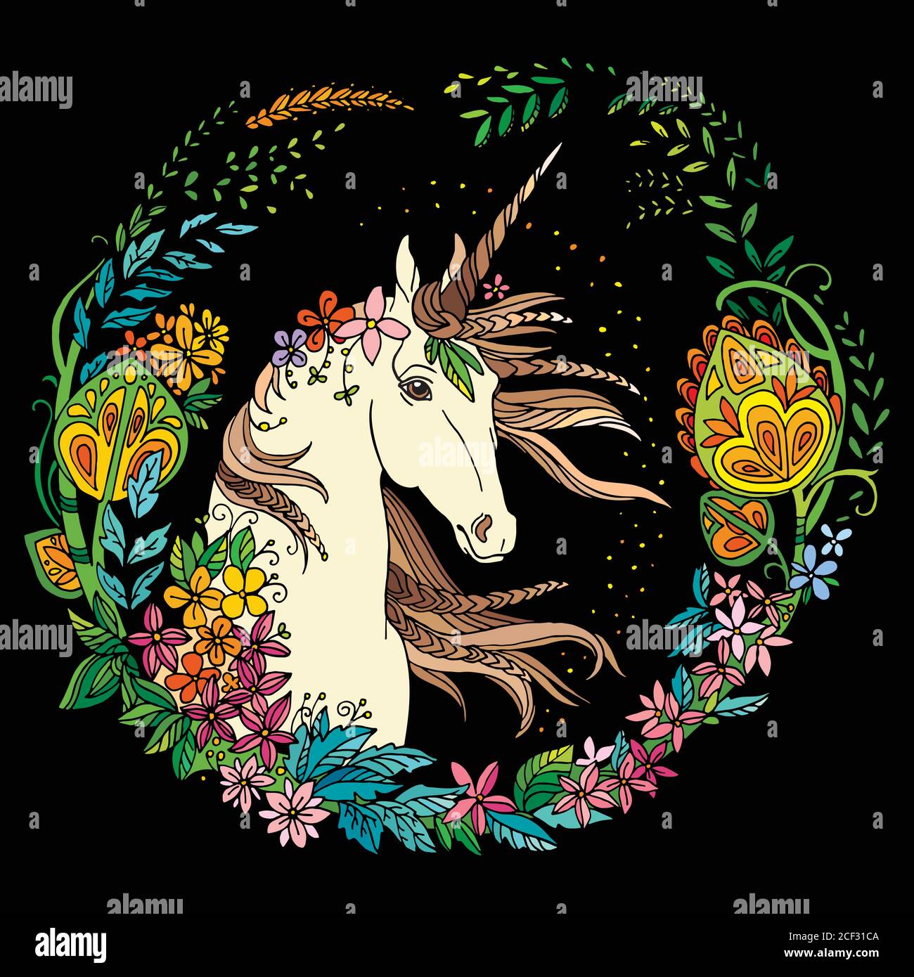 Vecteur magnifique licorne avec fleurs en cercle. Illustration décorative colorée isolée sur fond noir. Pour t-shirt, autocollants, des Illustration de Vecteur