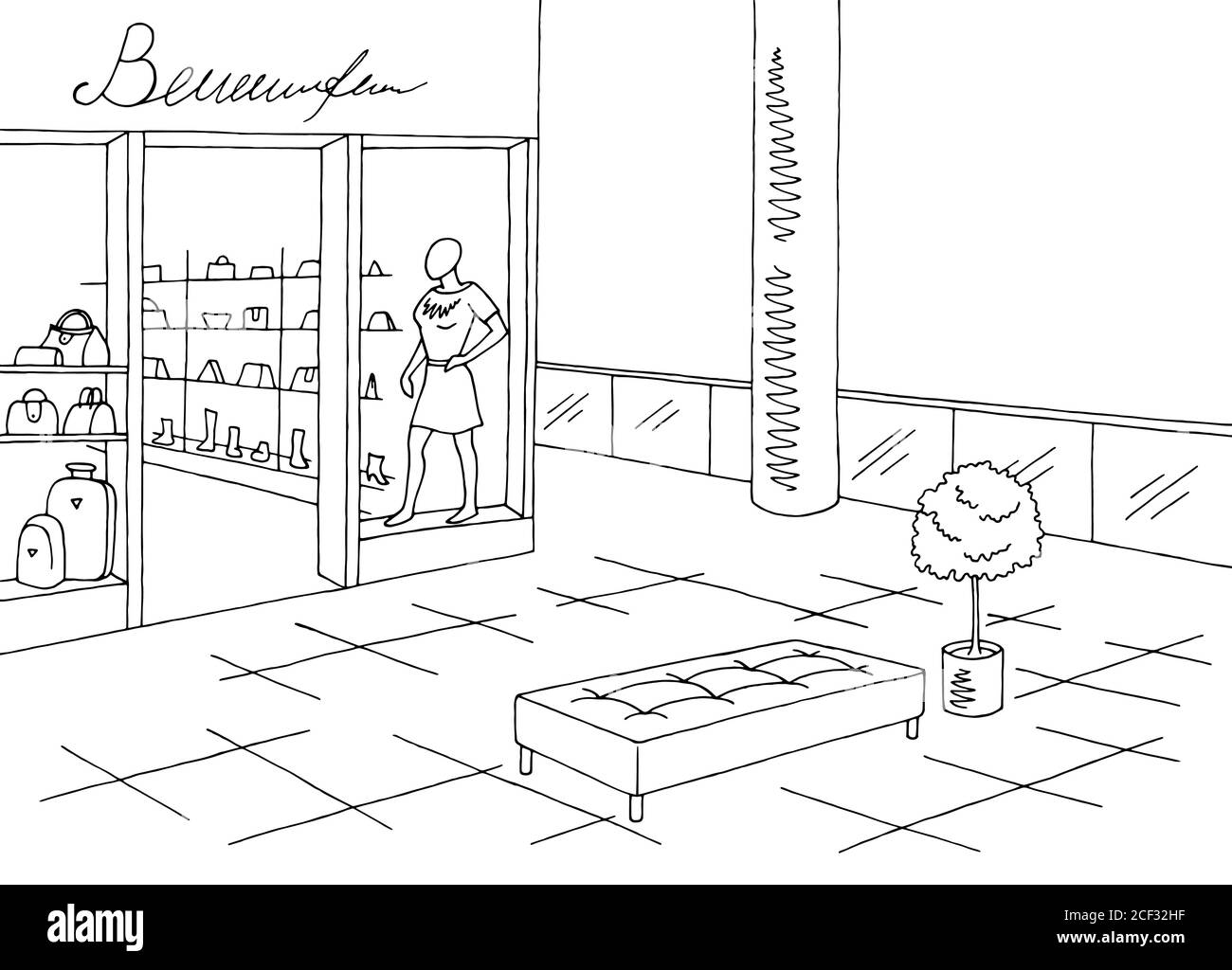 Illustration vectorielle d'un dessin d'intérieur noir blanc graphique de centre commercial Illustration de Vecteur
