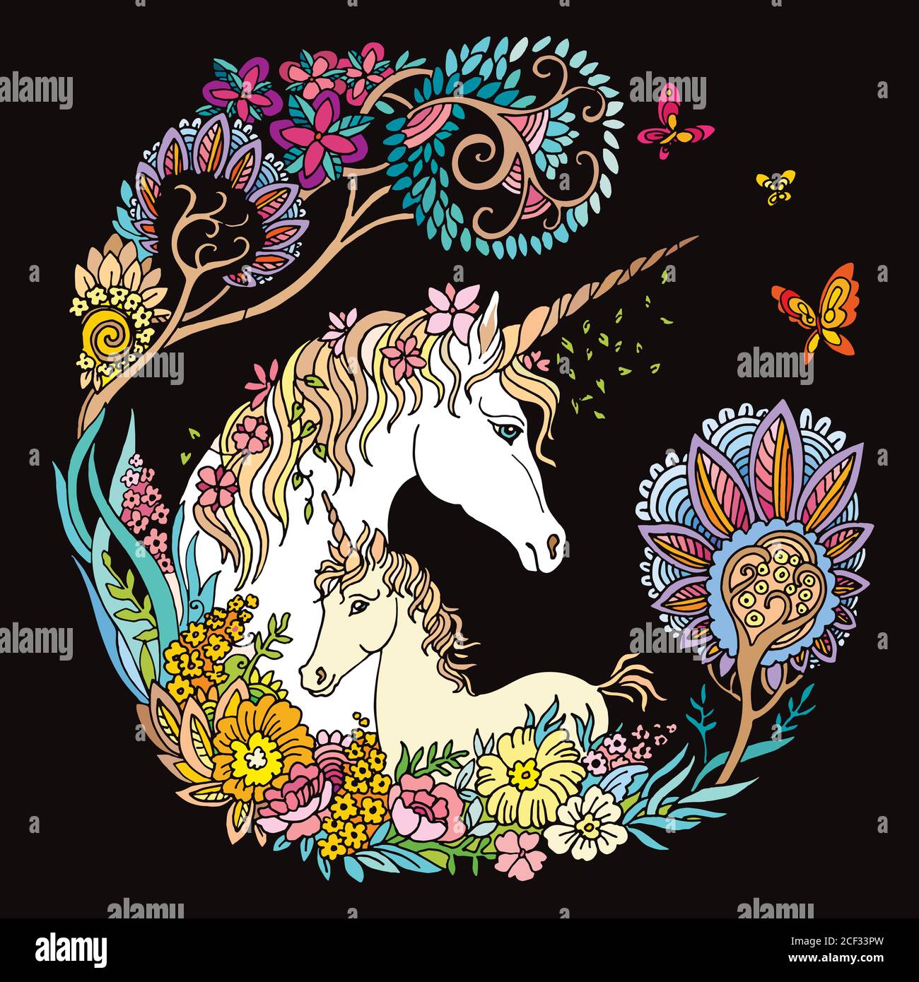 Vecteur magnifique licorne et foal avec fleurs en cercle. Illustration décorative colorée isolée sur fond noir.pour t-shirt, bâton Illustration de Vecteur