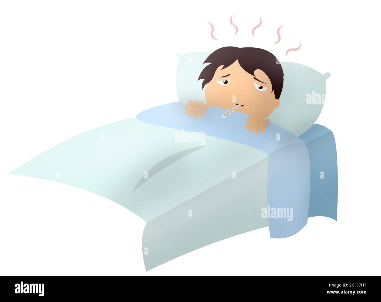 Bebe Garcon Au Lit Avec Fievre Et Thermometre Dessin Anime 2d Illustration Isolee Maladies Et Pandemies Garcon Avec Le Virus Et La Grippe Au Repos Covid 19 Corona Photo Stock Alamy