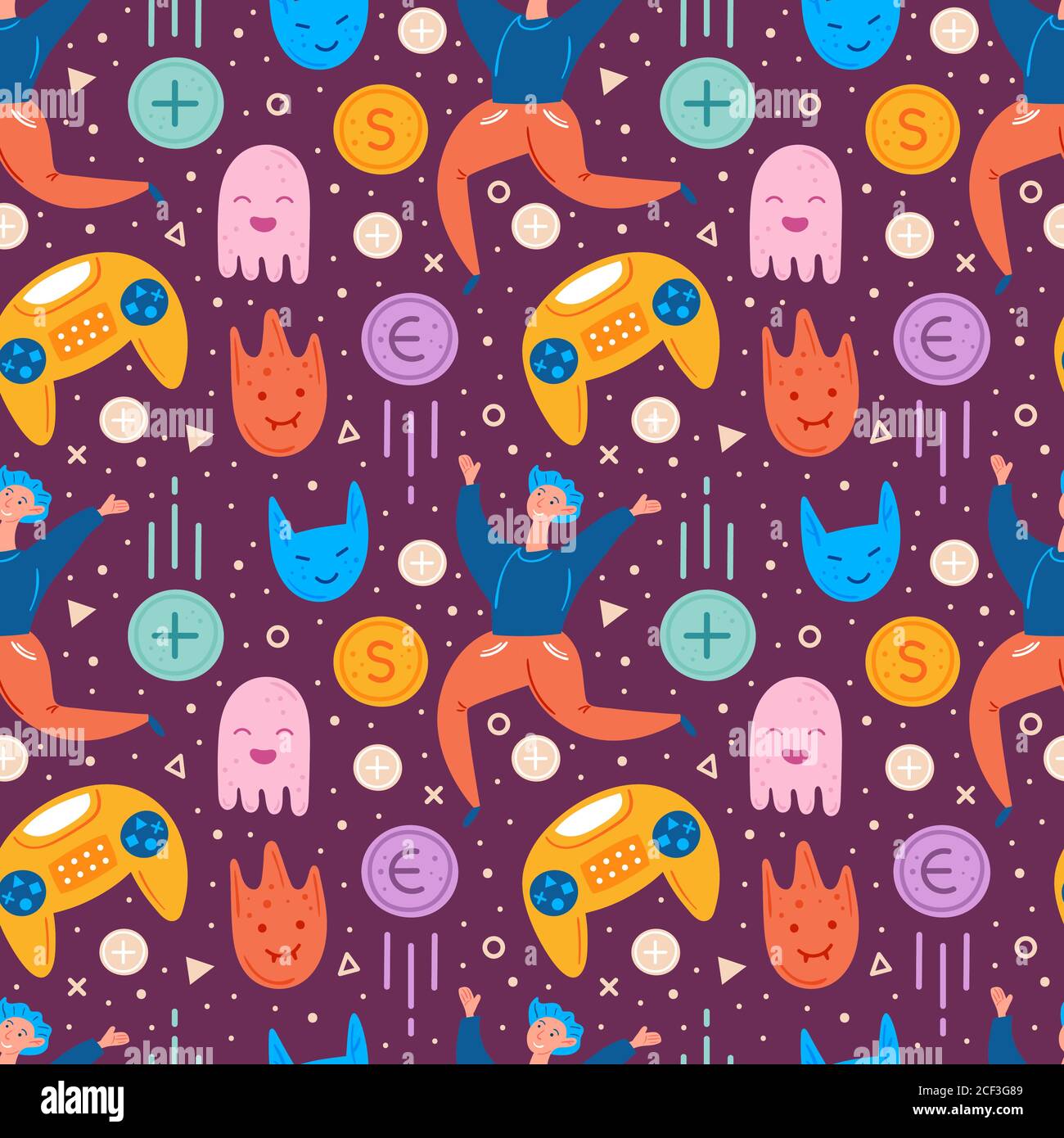 Personnages de jeux vidéo. Homme joueur avec joystick. Emoji avec différents visages. Pièces volantes. Jeu d'ordinateur, flux, blog, vlog. Vecteur tracé à la main plat Illustration de Vecteur